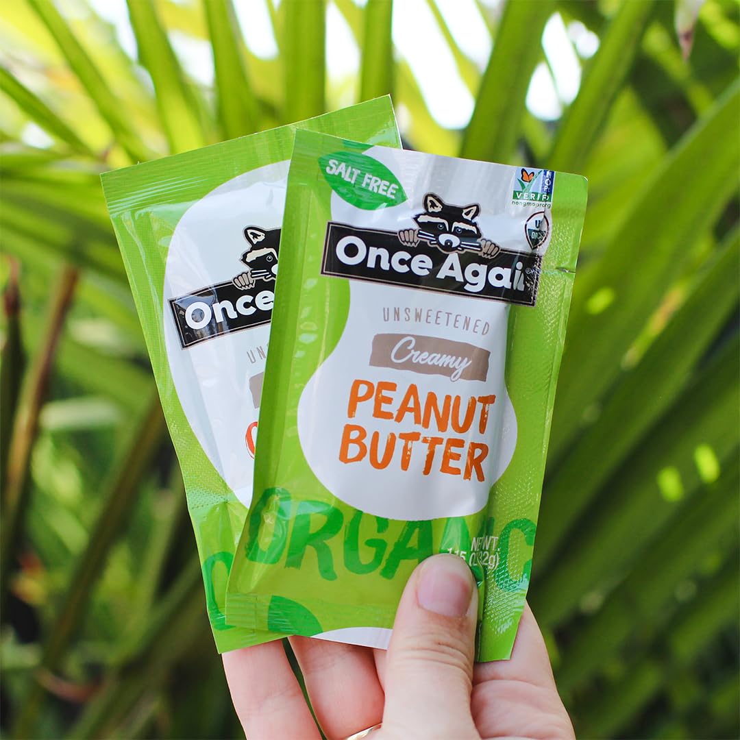 Once Again Organic Creamy Peanut Butter - 10 Pack of 1.15oz Squeeze Packs | Salt Free, Unsweetened, USDA Organic, Gluten Free, Vegan & Kosher Certified | Perfect for School Lunches, Camping & On-the-Go Snacks
