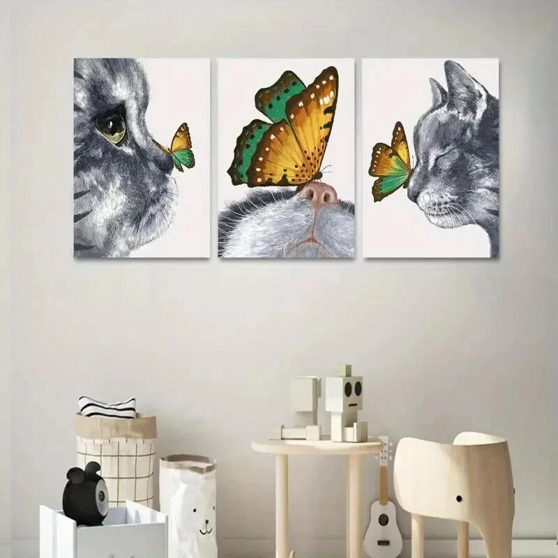 3-Piece Abstract Cat & Butterfly Paintings - Metal Wall Art Prints Ready to Hang - Perfect for Living Room, Bedroom & Office Decor