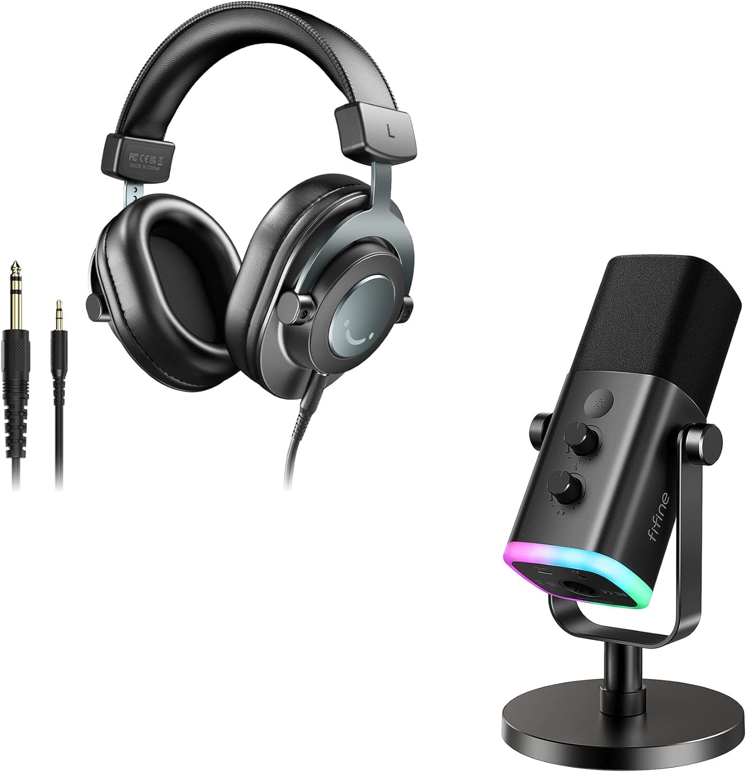 FIFINE AM8+H8 Professional XLR/USB Microphone & Studio Headphones Set with Mute Button, RGB Lighting - Perfect for Podcasting, Streaming, Gaming & YouTube Recording (Over-Ear Wired Headset Included)