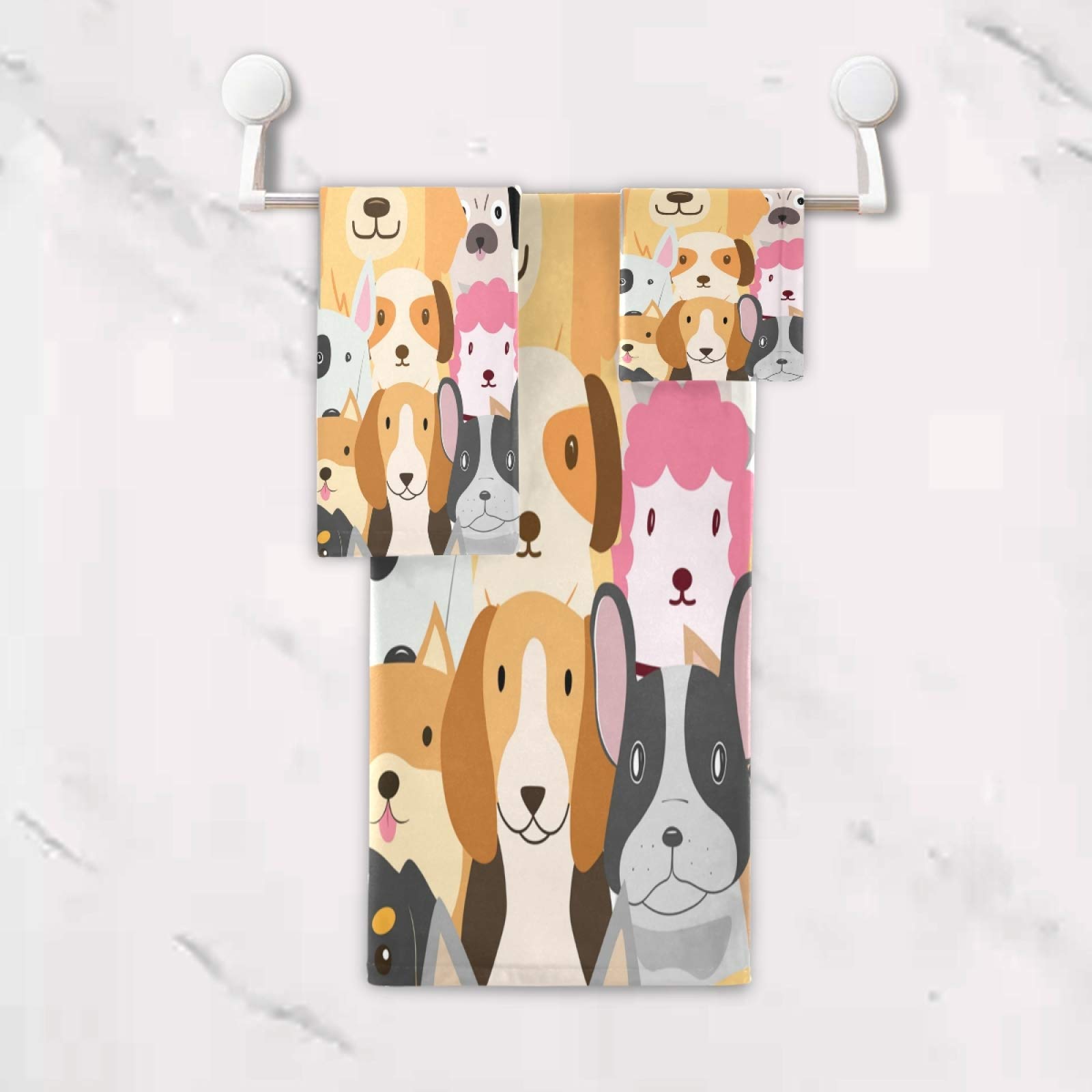 Blueangle Funny Cartoon Dog 3-Piece Bath Towel Set - Super Soft & Absorbent Cotton Bath, Hand & Washcloths - Fade Resistant for Kids & Pets - Perfect for Bath Time, Beach & Spa Days