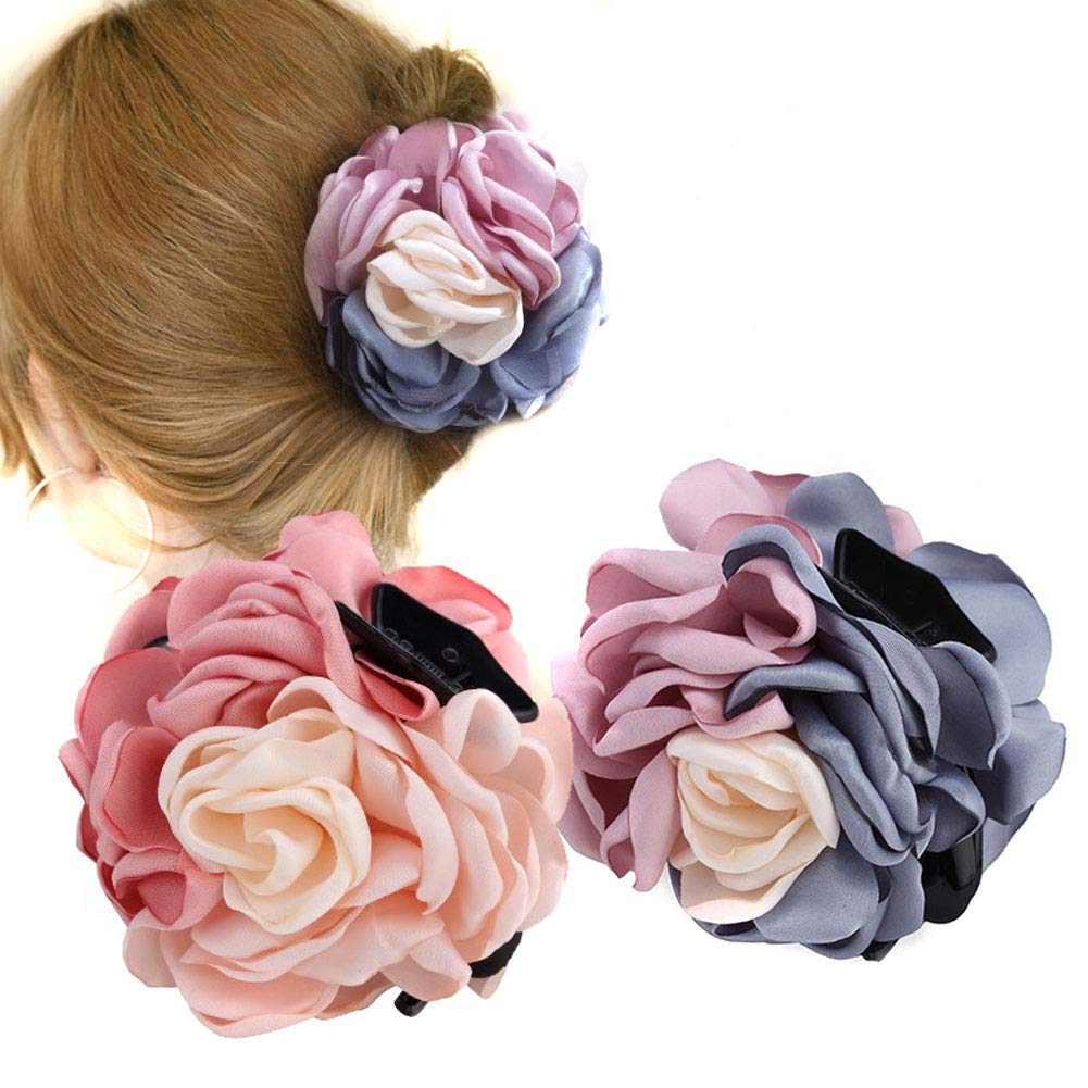 2PCS Large Rose Flower Hair Clips with Bow - Elegant Hair Claws for Women, Hair Accessories Jewelry (Pink & Blue) - Perfect for Weddings, Parties & Daily Styling