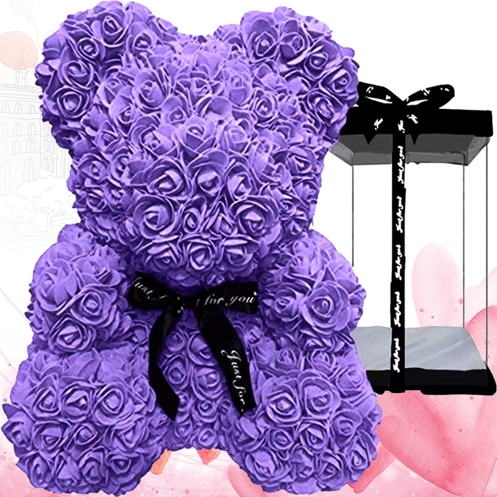 Meosu Rose Bear - 10 Inch Purple Forever Rose Flower Teddy Bear Gift for Women, Girlfriend, Wife, Kids - Perfect for Mother's Day, Valentine's Day, Anniversary & Birthdays - Comes in Clear Gift Box - Romantic Home Decor & Special Occasion Gift
