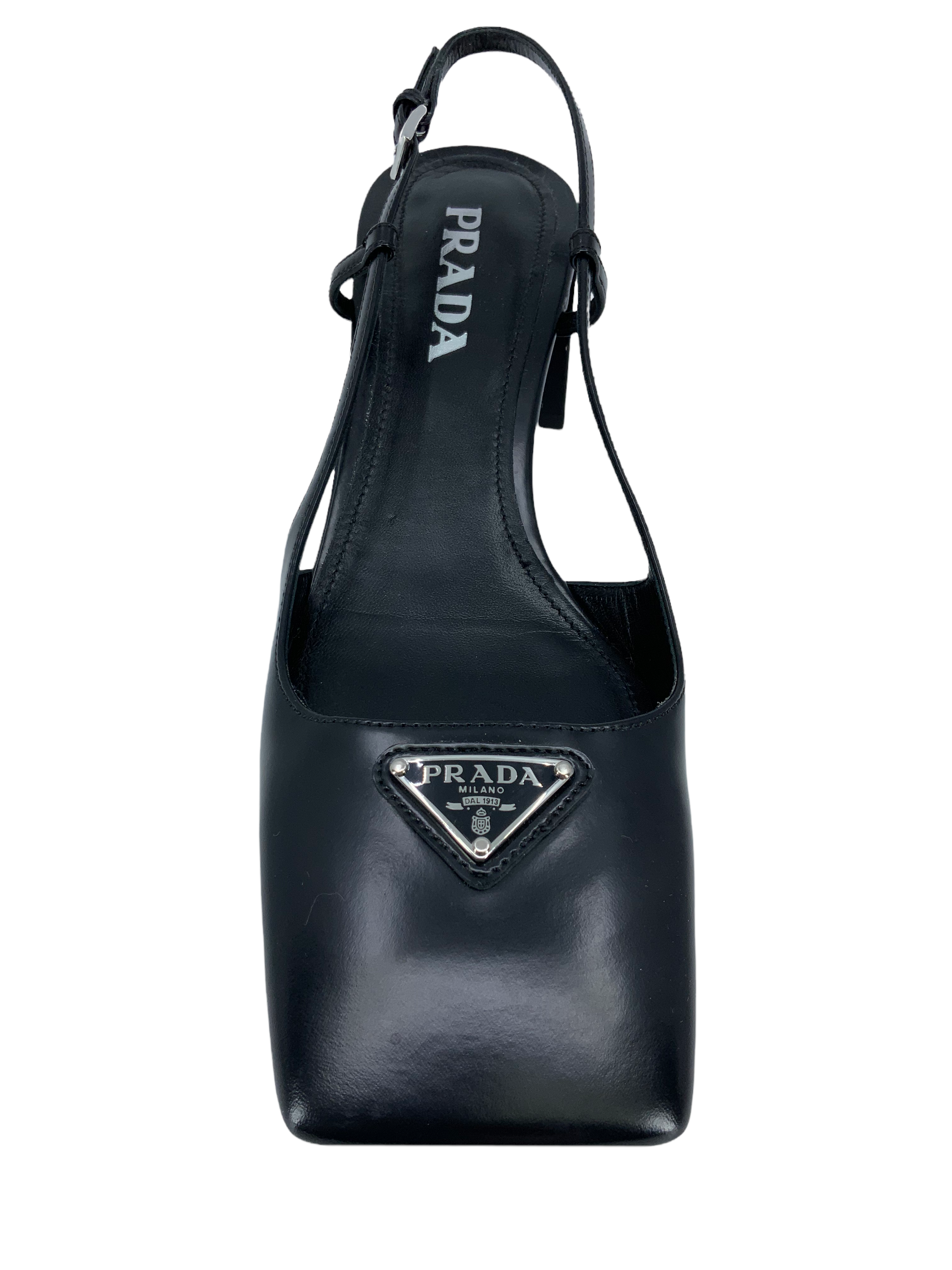 Prada Leather Slingback Pumps with Logo - Square Toe Heels for Women, Size 9 | Perfect for Office, Parties & Special Occasions