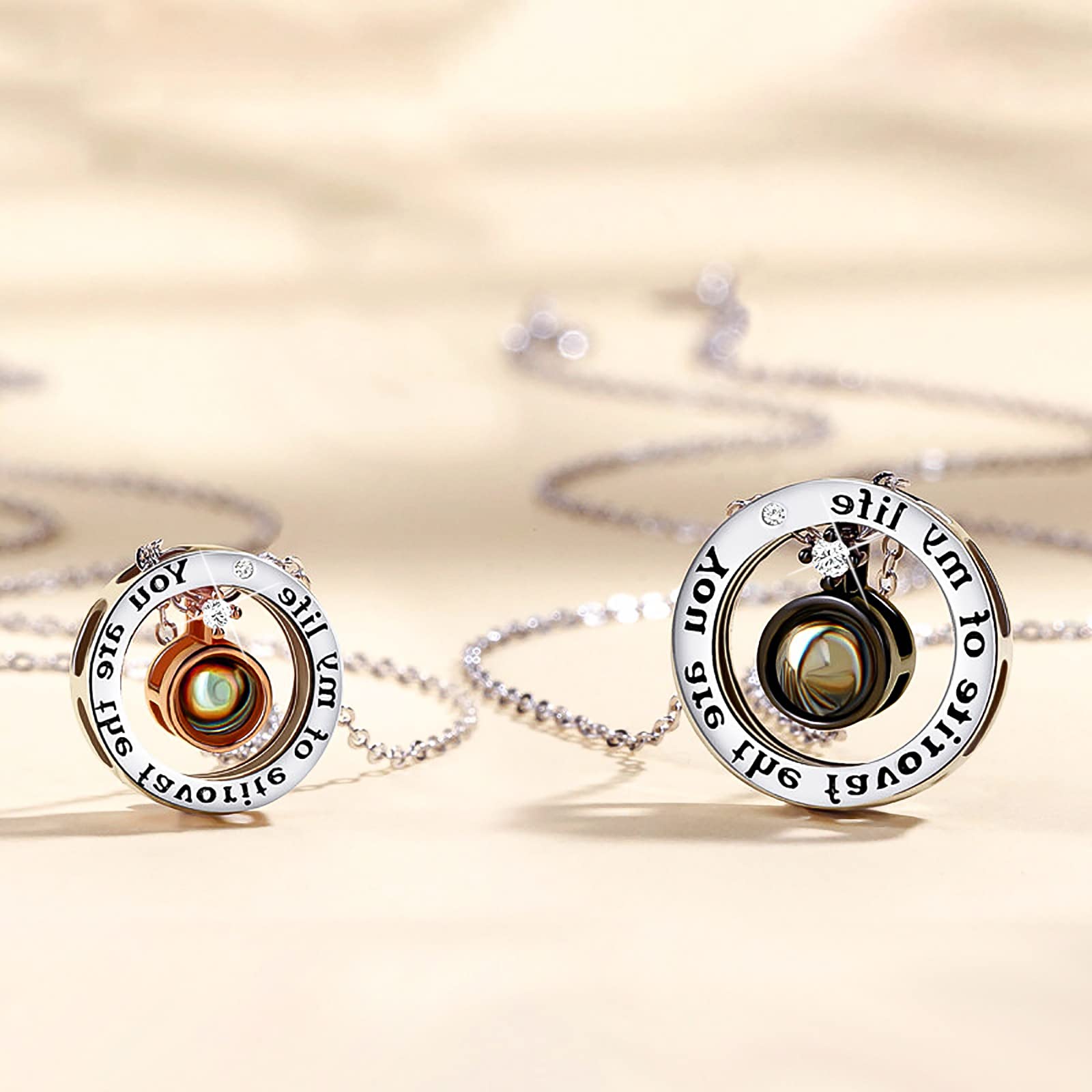 His & Her Engraved Couple Necklace Set - Matching Ring Pendant Love Necklaces for Couples, Anniversary & Valentine's Day Gifts for Boyfriend & Girlfriend - Perfect for Romantic Dates, Weddings & Special Occasions