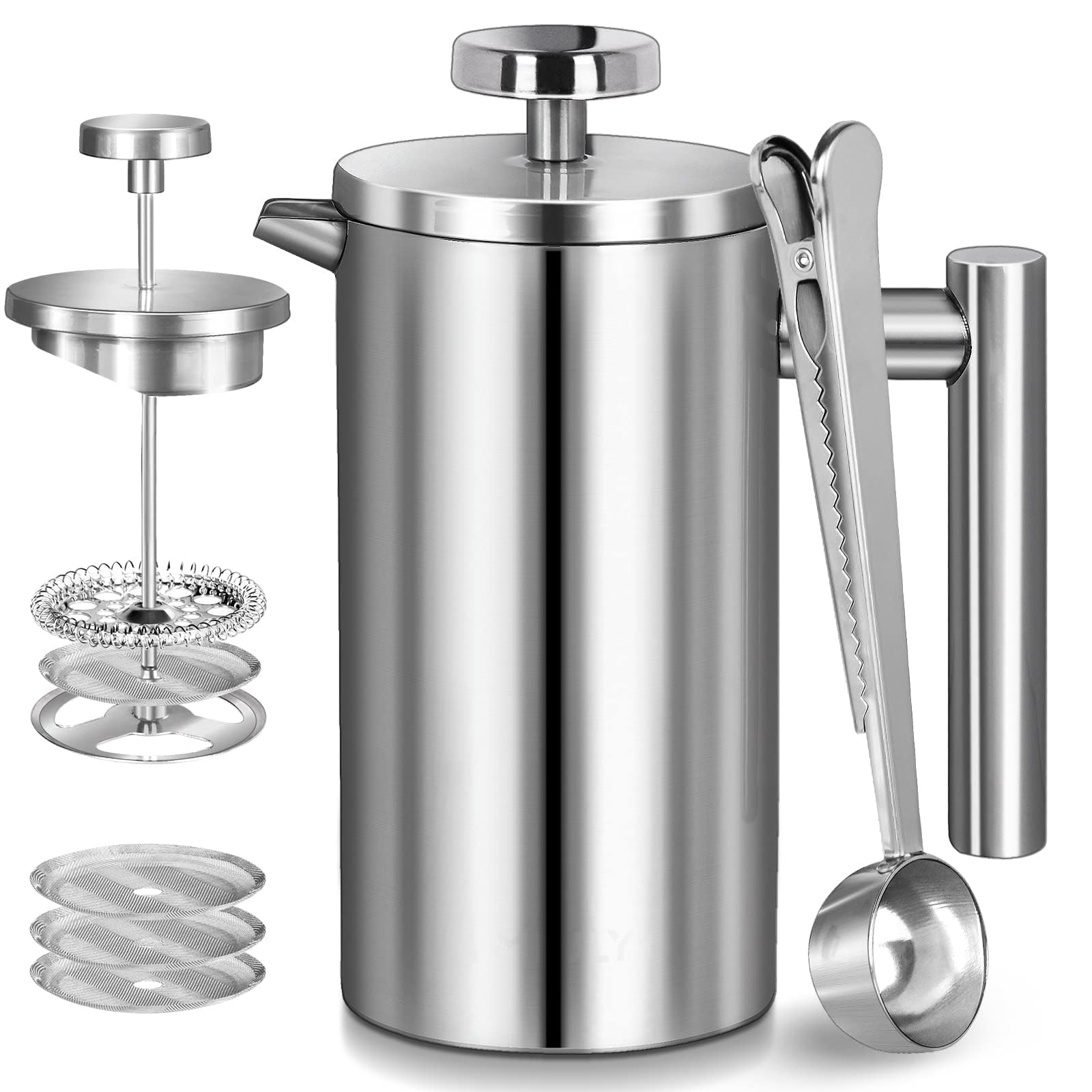 Premium 12oz Stainless Steel French Press Coffee Maker - Double Wall Insulated for Hot Coffee & Tea, Includes 3 Extra Filters + Spoon (Silver), Dishwasher Safe - Perfect for Home, Office, Camping & Travel