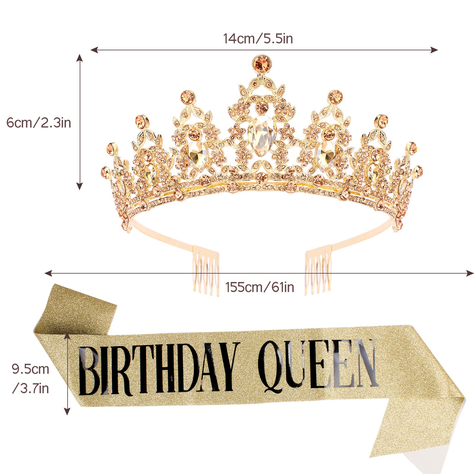 Gold Birthday Crown and Sash Set for Women - Rhinestone Tiara & Queen Sash - Elegant Birthday Party Decorations - Perfect for Birthday Celebrations, Bachelorette Parties & Special Events