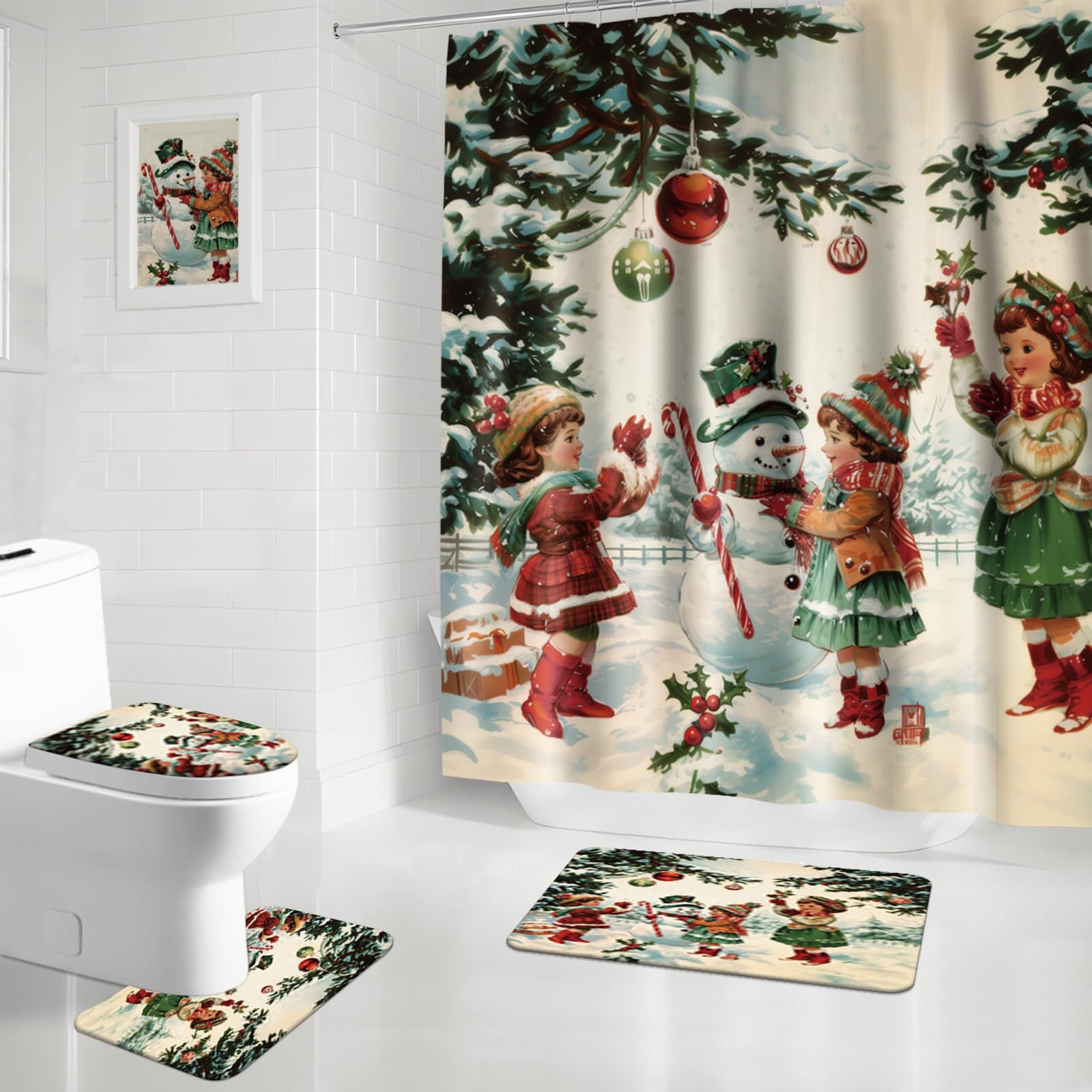 Vintage Christmas Shower Curtain Set with Non-Slip Bath Mat & Toilet Cover - Snowman Holiday Bathroom Decor for Winter - Perfect for Rustic Farmhouse, Cozy Cabin & Seasonal Home Decorating
