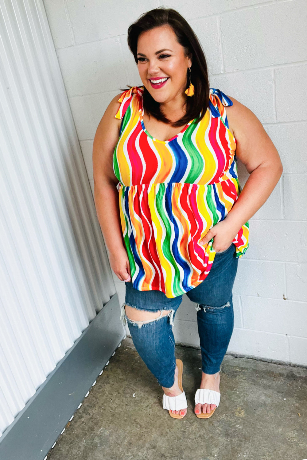 Trendy Multicolor Wavy Stripe Shoulder Tie Detail Blouse - Perfect for Summer Outfits, Beach Vacations & Casual Date Nights
