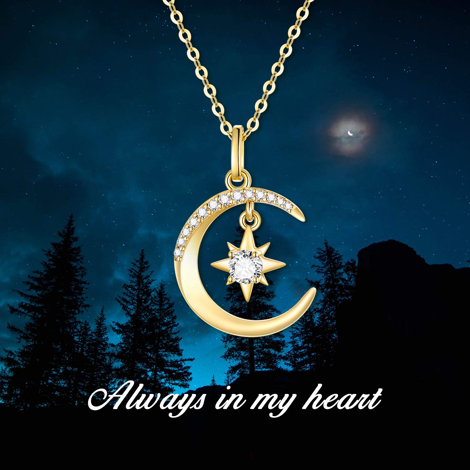 14K Gold Moon and North Star Necklace for Women - Real Gold Pendant with Chain - Elegant Jewelry Gift for Her (16+1+1 Inch) - Perfect for Birthdays, Anniversaries & Romantic Occasions