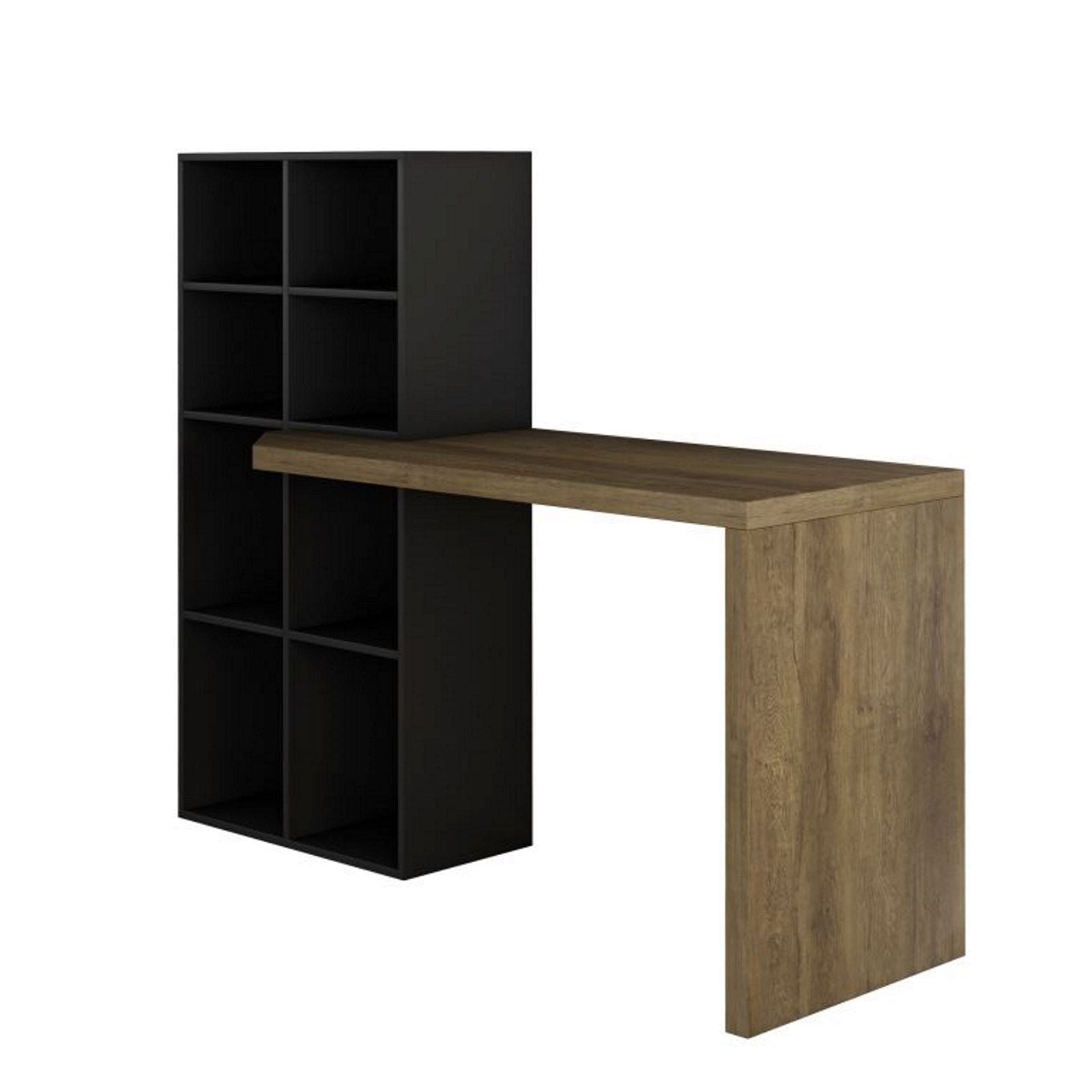 Pinto Office Desk with Built-in Bookcase - Black & Dark Oak Finish for Home Office & Study Room Organization