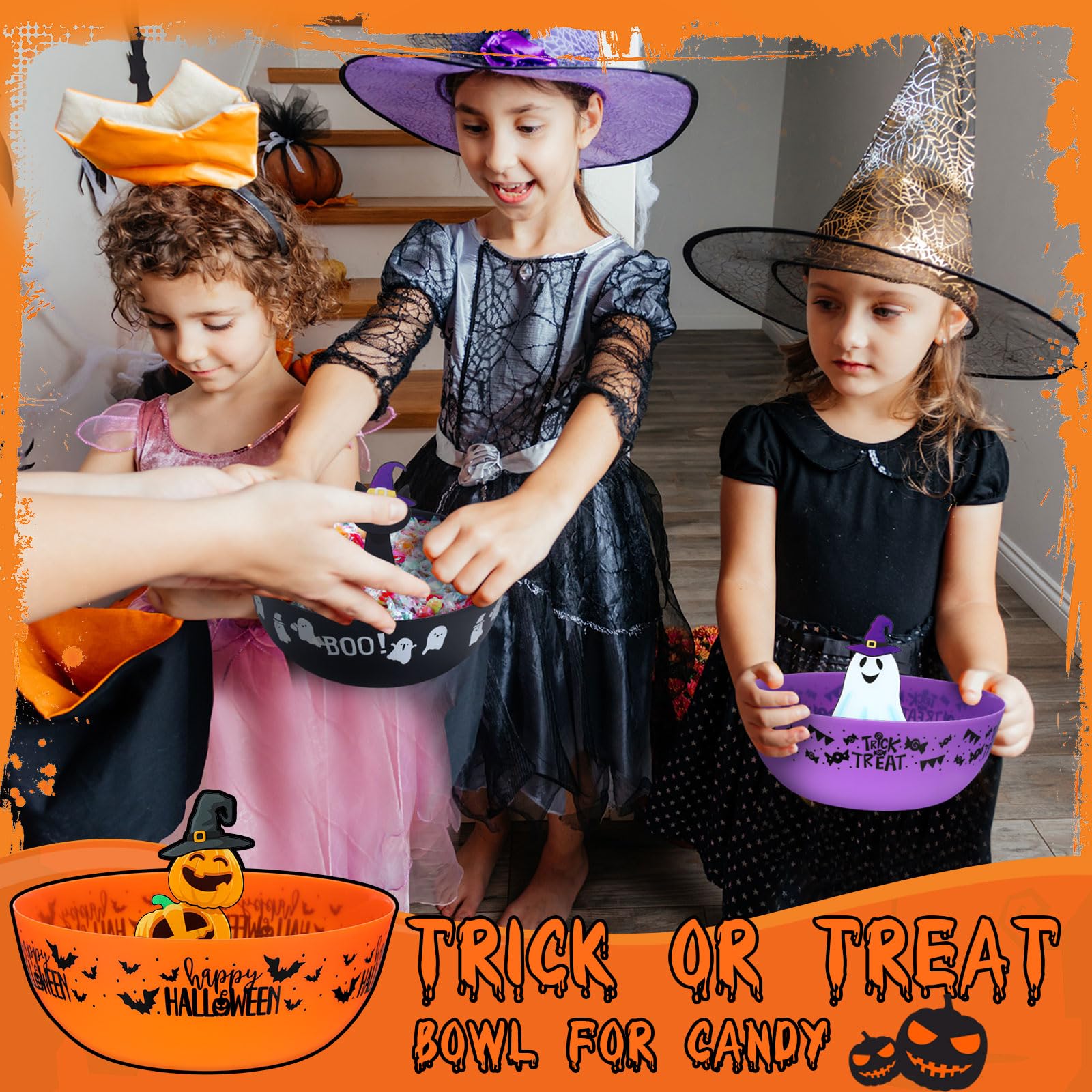 Tioncy 3-Piece Halloween Candy Bowl Set with Pumpkin & Ghost Acrylic Stand - Plastic Serving Dish for Halloween Party Decorations, Trick or Treat Supplies & Home Decor - Perfect for Candy Display, Halloween Parties & Festive Home Decorating