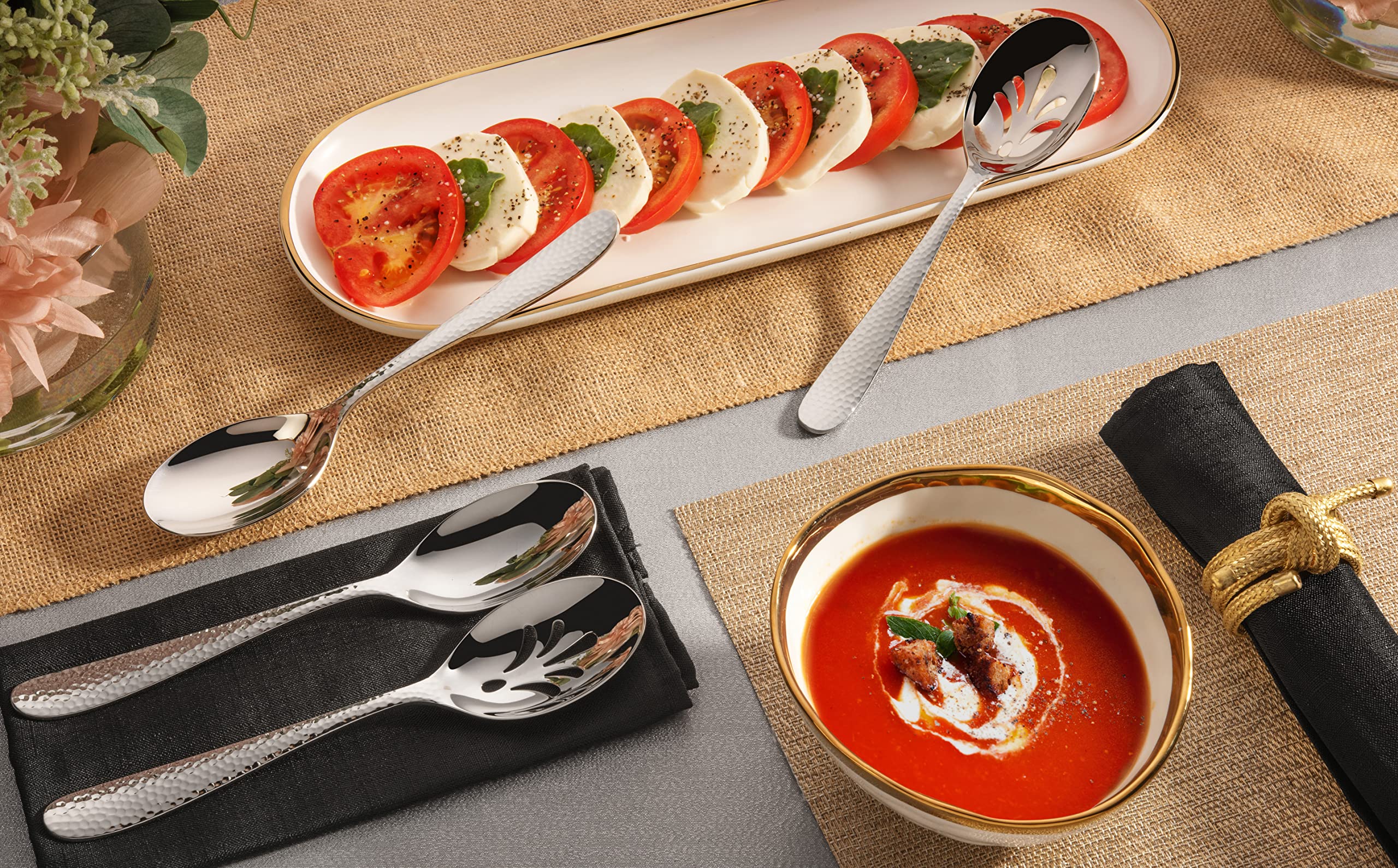 Hudson Essentials 9-Piece Bergamo Hammered 18/10 Stainless Steel Serving Set with Cake Knife & Server - Elegant Flatware for Weddings, Parties & Entertaining - Perfect for Cake Cutting, Buffet Serving & Hostess Gifts