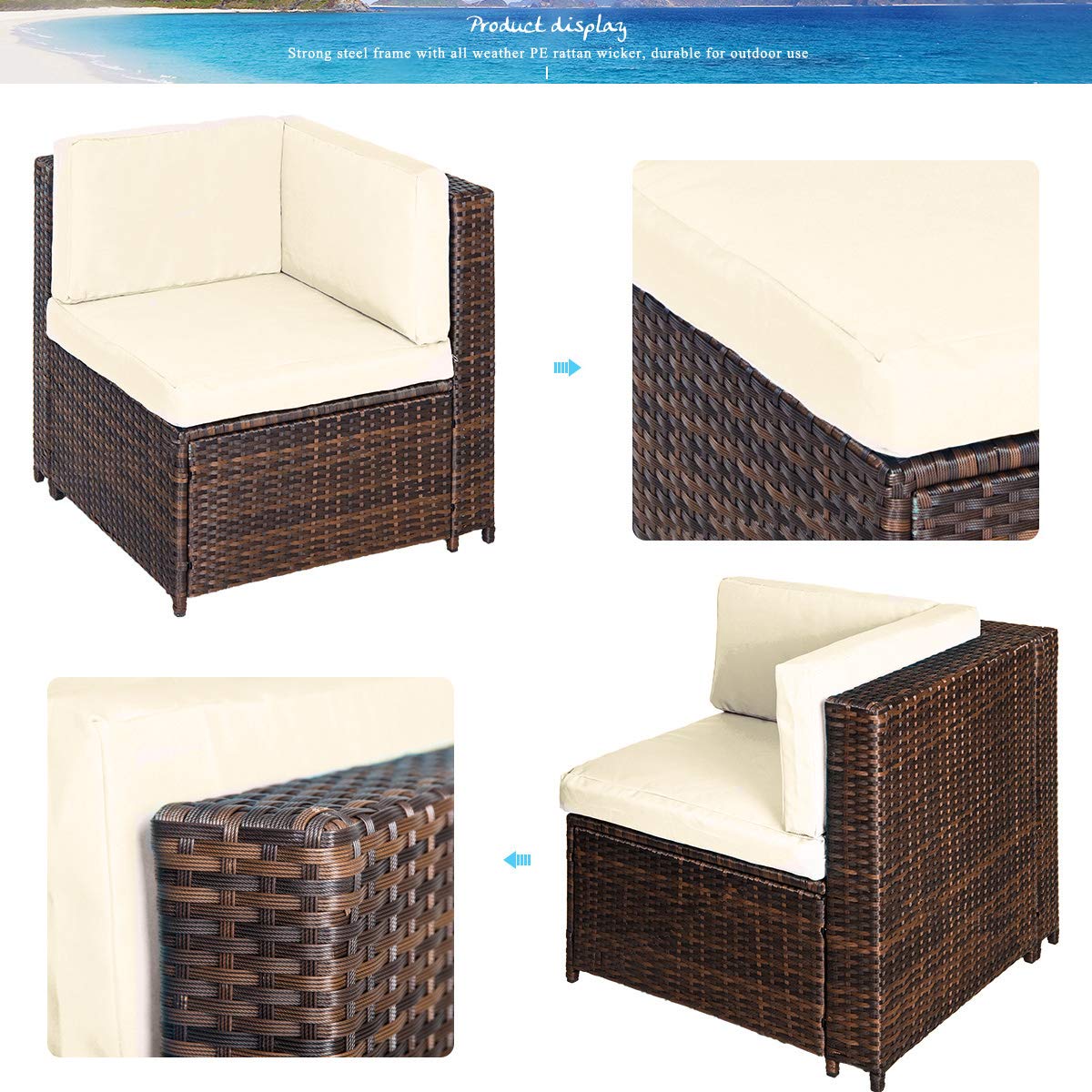 7-Piece Outdoor Patio Furniture Set - All-Weather Rattan Wicker Sectional Sofa with Cushions & Tempered Glass Coffee Table - Beige - Perfect for Backyard, Garden, Poolside & Patio Relaxation