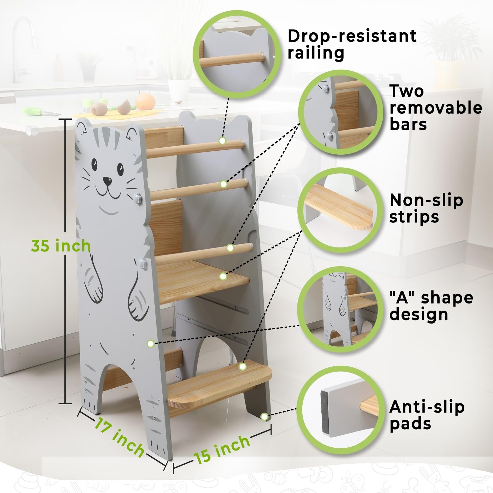 Montessori Adjustable Toddler Tower Stool - Safe Kitchen Step Stool Helper for Kids Ages 1-6 | Learning Tower for Baking, Cooking & Counter Access | Non-Slip Toddler Standing Stool for Home & Preschool