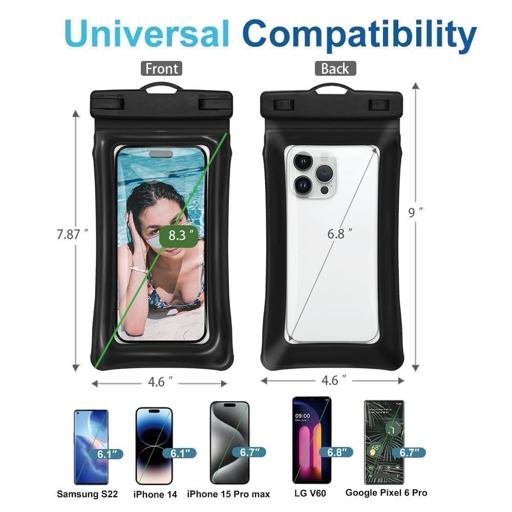 **Waterproof Phone Pouch for iPhone 16 Pro Max/15 Pro - IPX8 Floating Dry Bag - Beach, Pool & Cruise Essentials (1 Pack, Black, 8.3