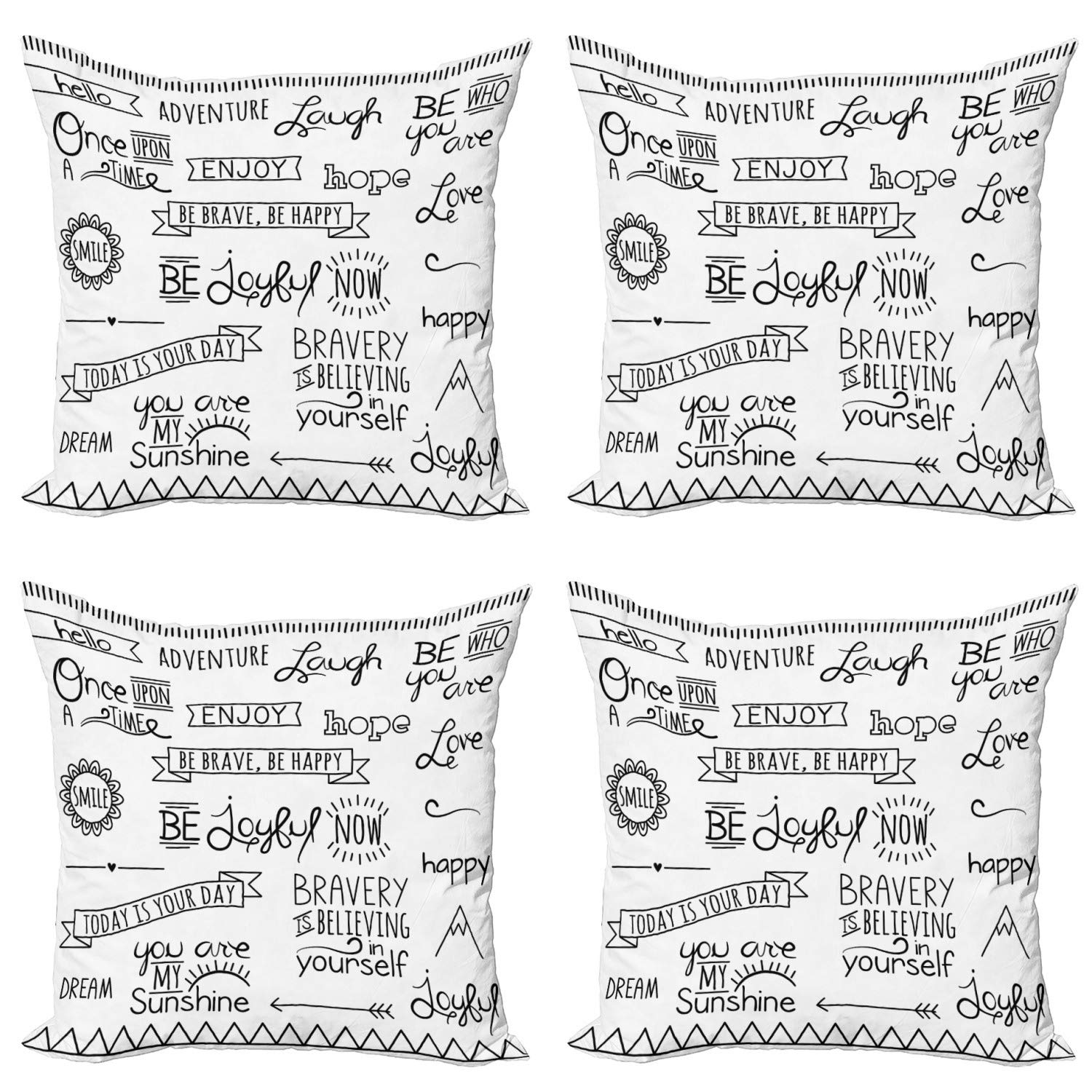 Ambesonne Adventure Throw Pillow Cover Set of 4 - Inspirational Happiness Quotes with Monochrome Lettering on Minimalist Background, Modern Double-Sided Digital Print, 16 Inch White & Black - Perfect for Living Room, Bedroom, or Office Decor