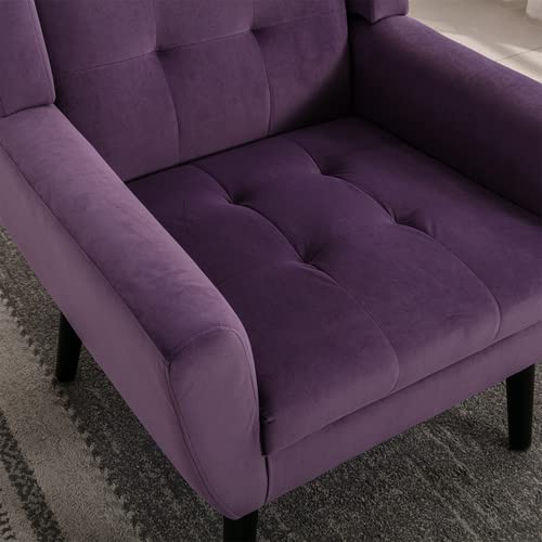 Mid-Century Modern Accent Chair - Upholstered Ergonomic Armchair with Wooden Legs for Living Room, Bedroom & Apartment | Comfortable Reading & Lounge Chair in Purple | Perfect for Coffee Nooks, Study Areas & Relaxation Spaces