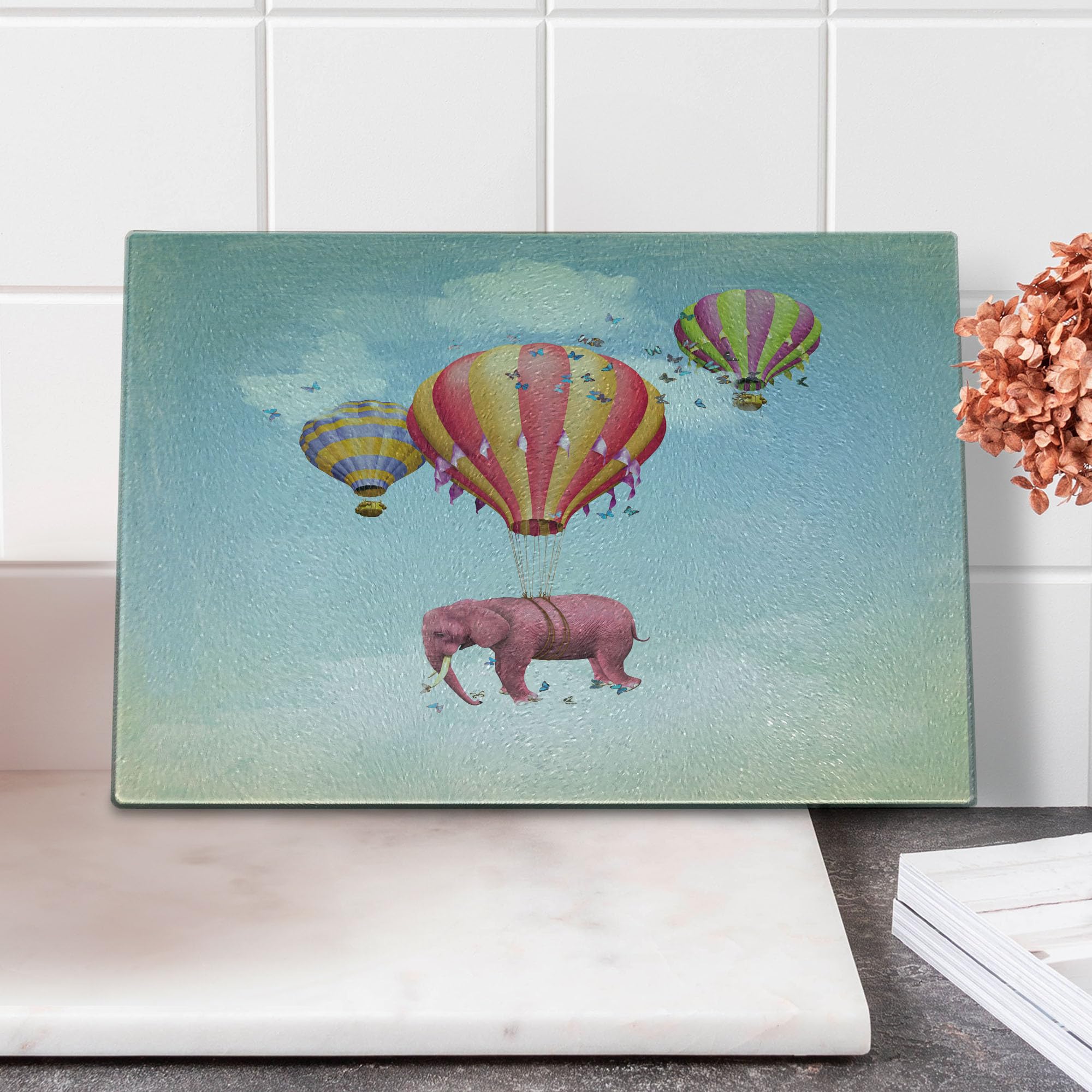 Ambesonne Pink Sky with Balloons Animal Cutting Board - Decorative Tempered Glass Serving Board for Kitchen, Small Size Multicolor - Perfect for Food Prep, Charcuterie & Home Decor