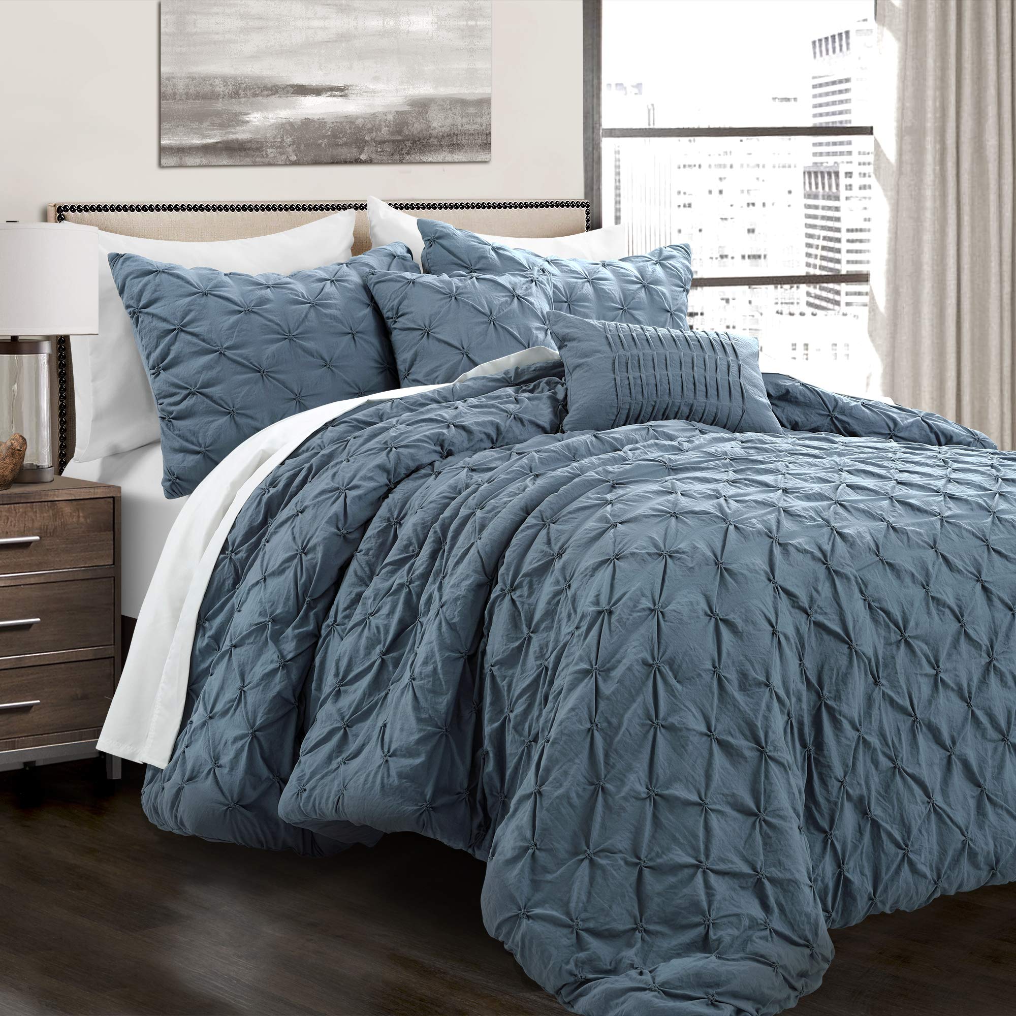 Luxury 5-Piece Ravello Pintuck Comforter Set - Stormy Blue Textured Bedding for Full/Queen Beds - Traditional Glam & Farmhouse Style - Perfect for Master Bedroom, Guest Room, and Airbnb Decor
