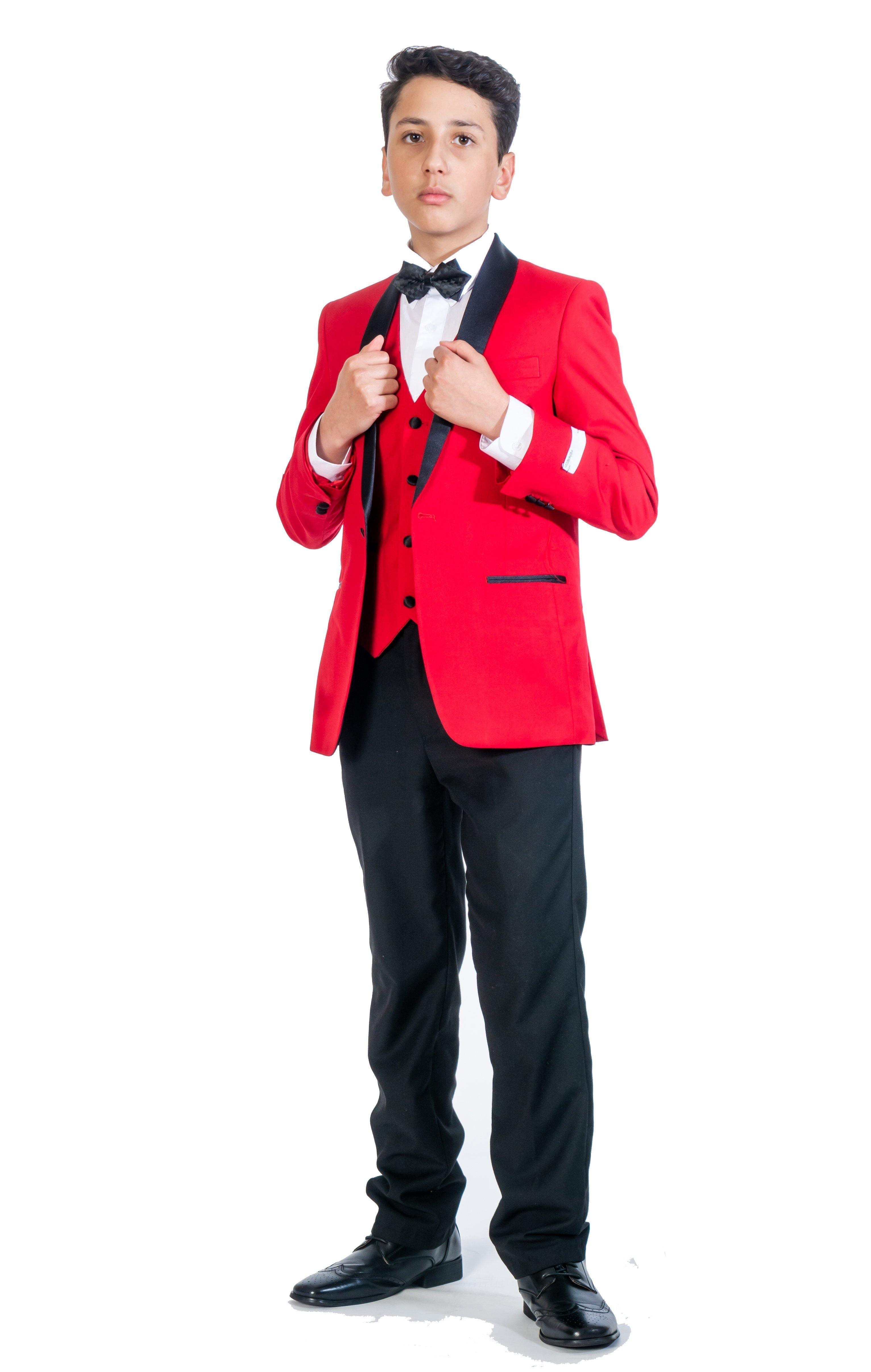 5-Piece Boys Red & Black Shawl Lapel Tuxedo Set - Formal Suit for Weddings, Prom, and Special Occasions