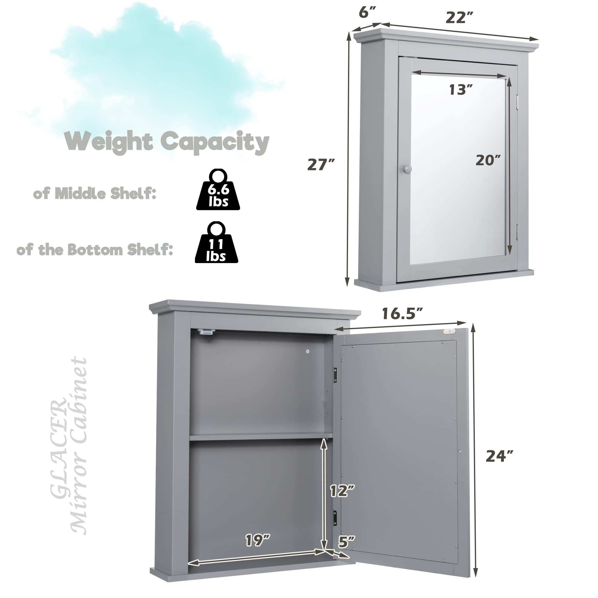 GLACER Wall Mounted Bathroom Mirror Cabinet with Adjustable Shelf - 22 x 6 x 27.5 Inches Grey Storage Cabinet for Bathroom, Living Room & Cloakroom - Perfect for Makeup Storage, Medicine Organization & Small Space Decor