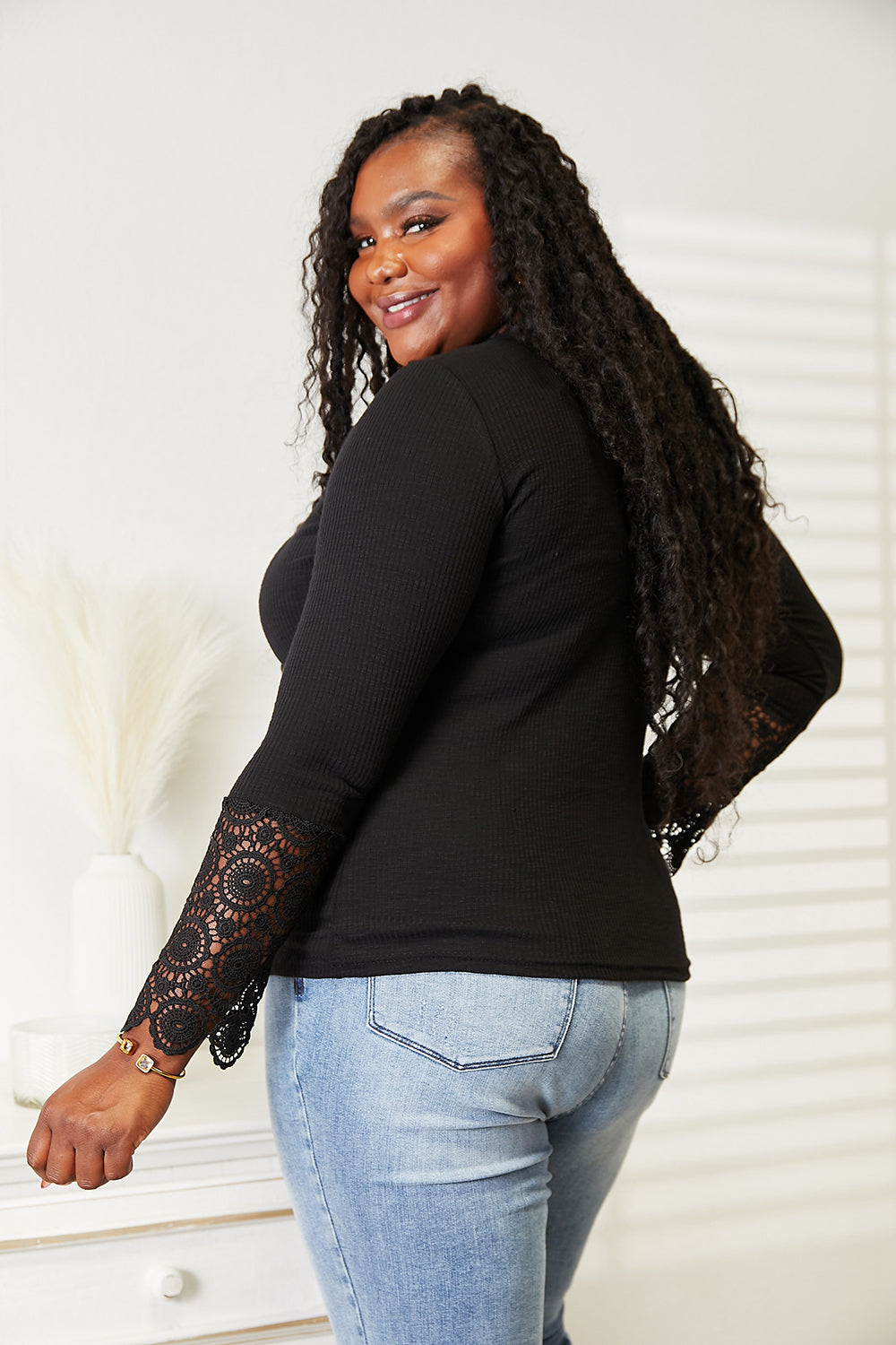 Elegant Black Crochet Lace Hem Sleeve Button-Down Blouse for Women | Perfect for Office Wear, Date Nights & Summer Outfits