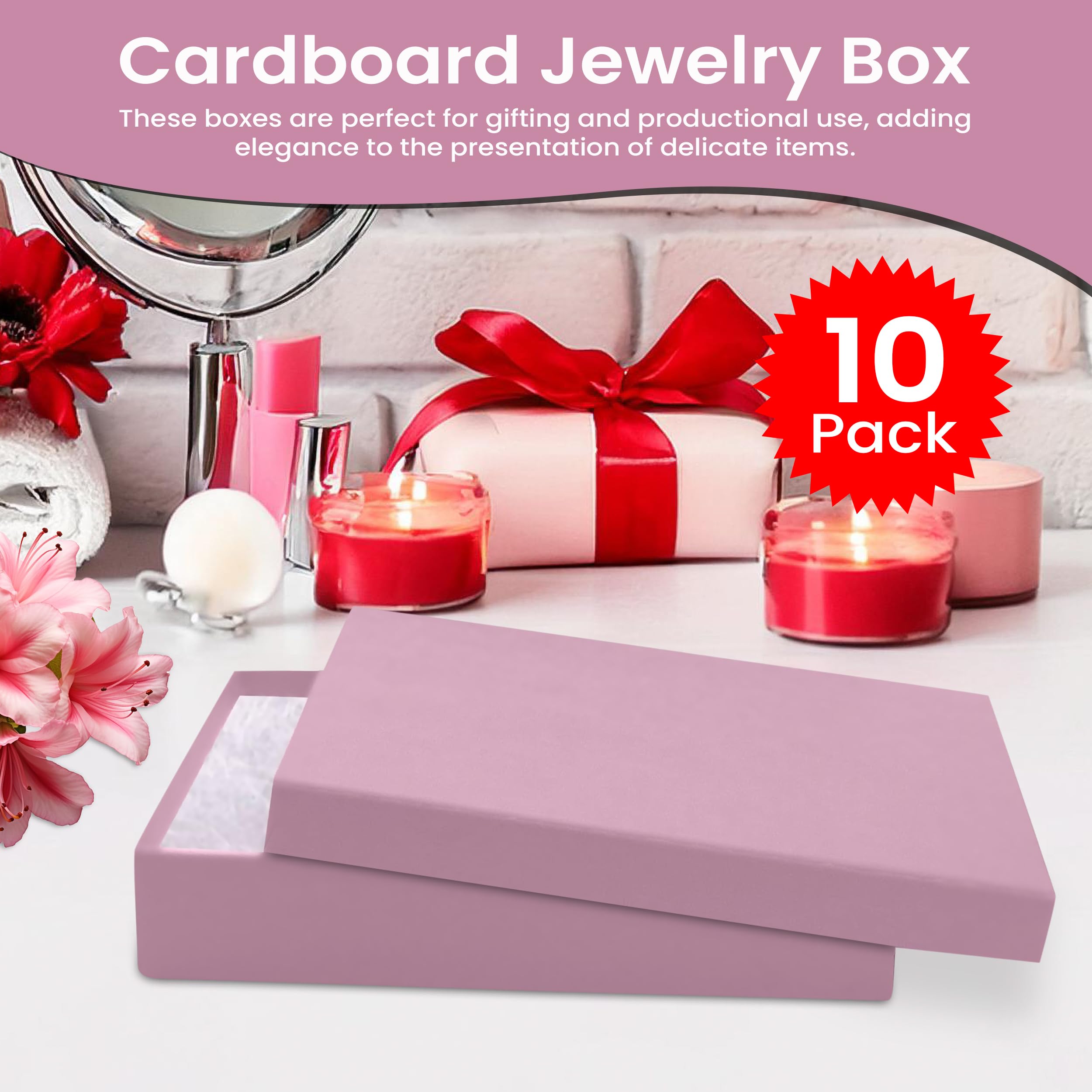 10 Pack Pink Jewelry Gift Boxes 5.5x3.5x1 Inch - Premium Cardboard Jewelry Storage Box with Cotton Filling & Lid - Made in USA - Perfect for Bracelets, Necklaces, Rings, Earrings - Great for Wedding, Birthday Gifts & Jewelry Organization