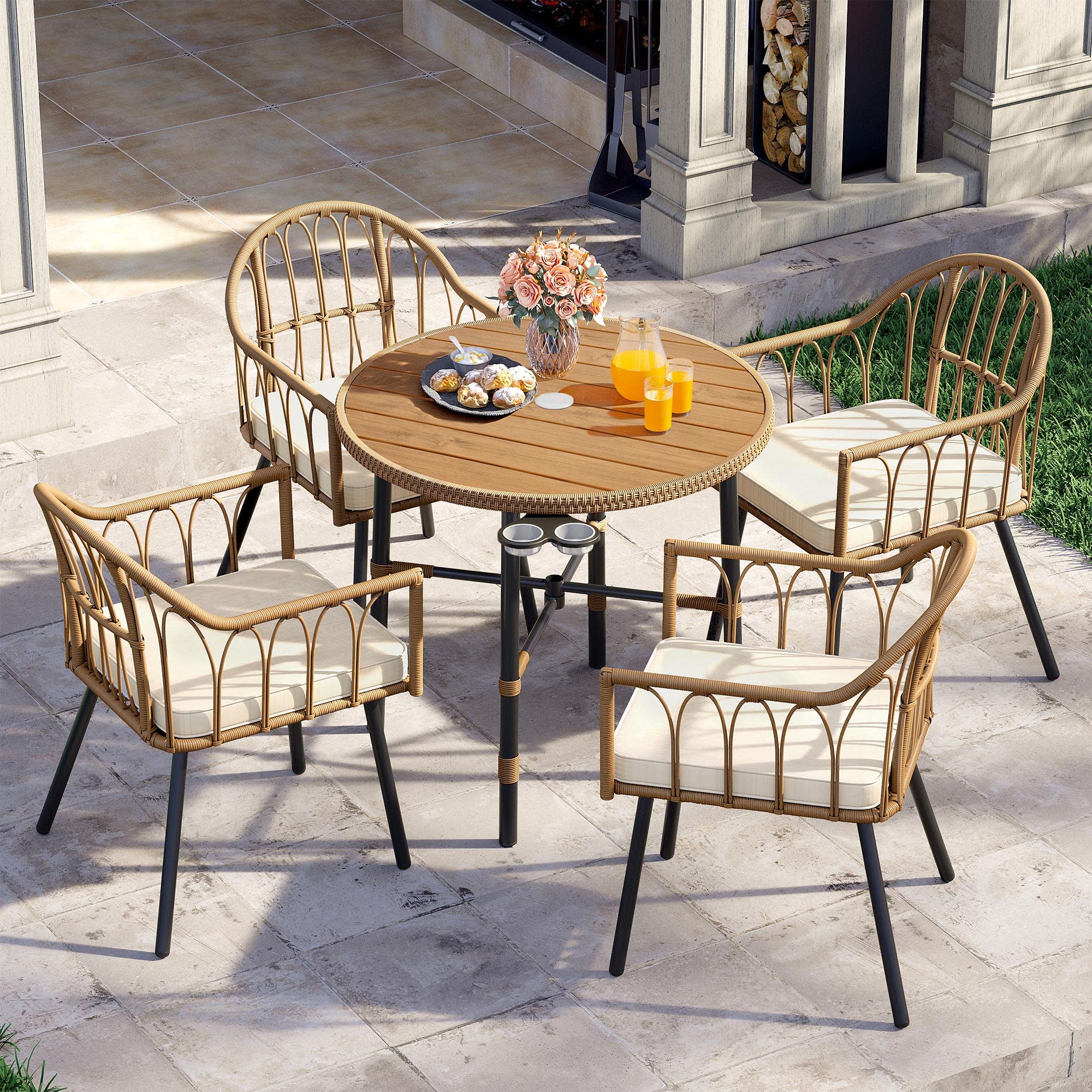 YITAHOME 5-Piece Outdoor Patio Dining Set - Wicker Rattan Table & Chairs for Backyard, Garden, Balcony - Includes Umbrella Hole | Perfect for Outdoor Entertaining, BBQ Parties & Relaxing in the Sun