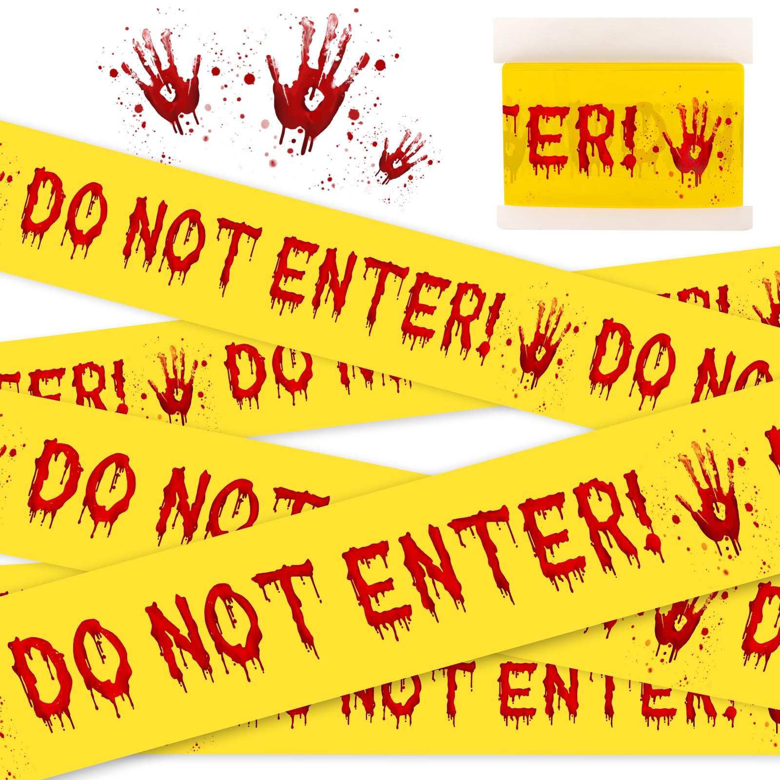 Halloween Decorations Caution Tape - 3 Inch x 82 Ft Yellow & Red Do Not Enter Warning Tape with Blood Handprints for Indoor Outdoor Party Decor | Spooky Halloween, Haunted House, Horror Theme Party Supplies