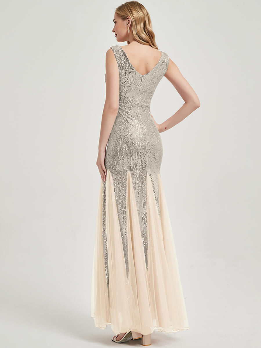 Elegant Apricot Grey Sequin Tulle V-Neck Sleeveless Mermaid Maxi Evening Dress for Prom, Wedding, Gala & Special Occasions
