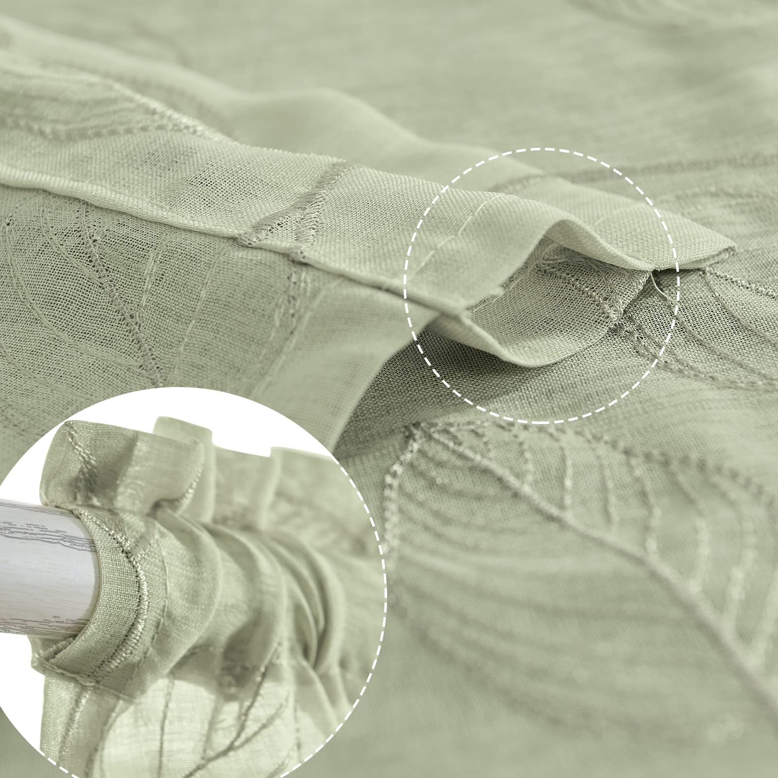 Sage Green Sheer Kitchen Curtains with Leaf Embroidery - 24 Inch Rod Pocket Voile Tier Panels for RV, Camper, Farmhouse, Bathroom & Basement Windows - Light Filtering Semi-Sheer Cafe Curtains for Privacy & Style