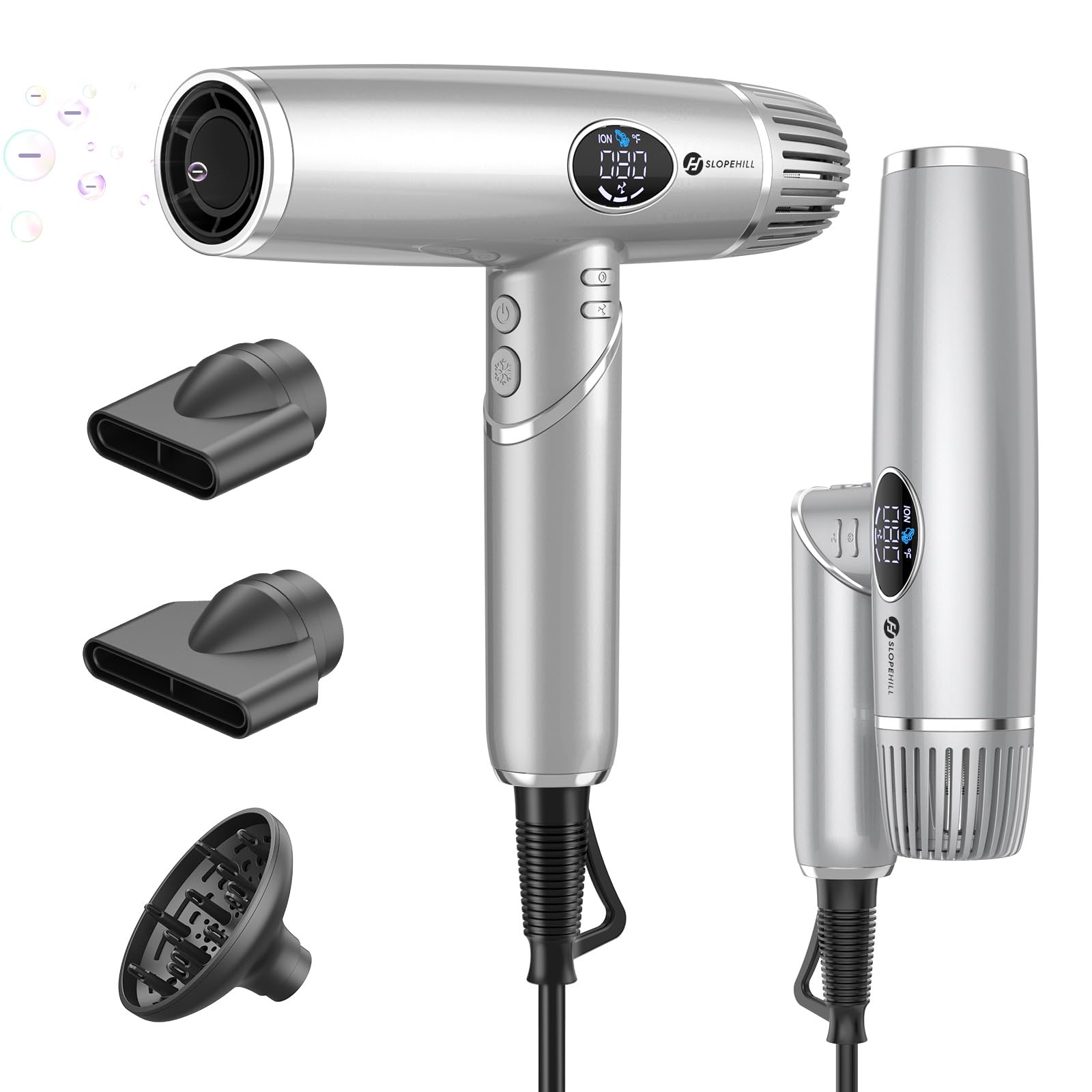 Slopehill Professional Foldable Ionic Hair Dryer - High Speed Blow Dryer for Fast Drying, Compact Travel Hairdryer with Magnetic Diffuser & Nozzle, LCD Display - Perfect for Home, Salon & Travel Use