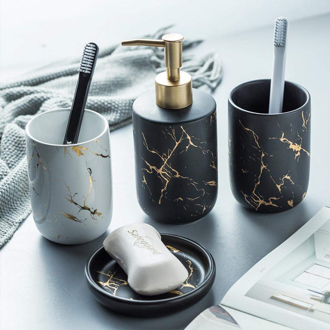 Premium Black Marble Bathroom Accessories Set - 4 Piece Ceramic Soap Dispenser, Toothbrush Holder, Tumbler & Soap Dish - Elegant Golden Vein Design for Modern Bathroom Decor - Perfect for Guest Bathrooms, Master Suites & Spa-Style Vanities