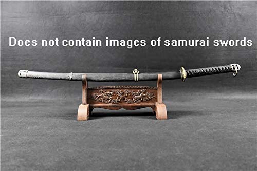 Authentic Japanese Samurai Katana Sword with Rosewood Display Stand - Chinese Sword Wooden Shelf Rest with Intricate Carving Patterns - Perfect for Home Decor, Martial Arts Display, and Collector's Showcase