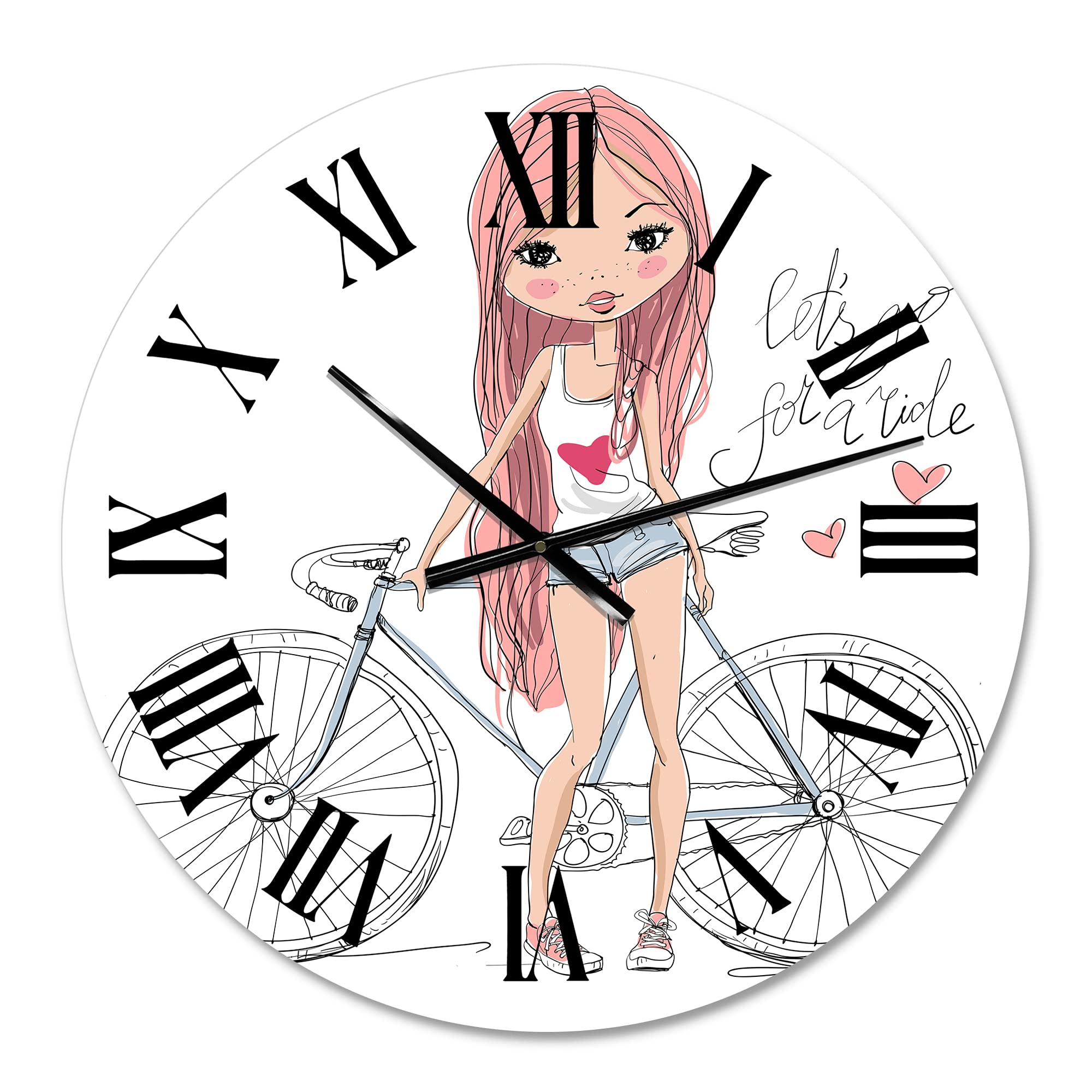 DesignQ Kids Wall Clock - 'Young Girl with Bicycle' Large Decorative Clock for Children's Room, Bedroom & Playroom | Perfect for Home Decor, Nursery & Classroom