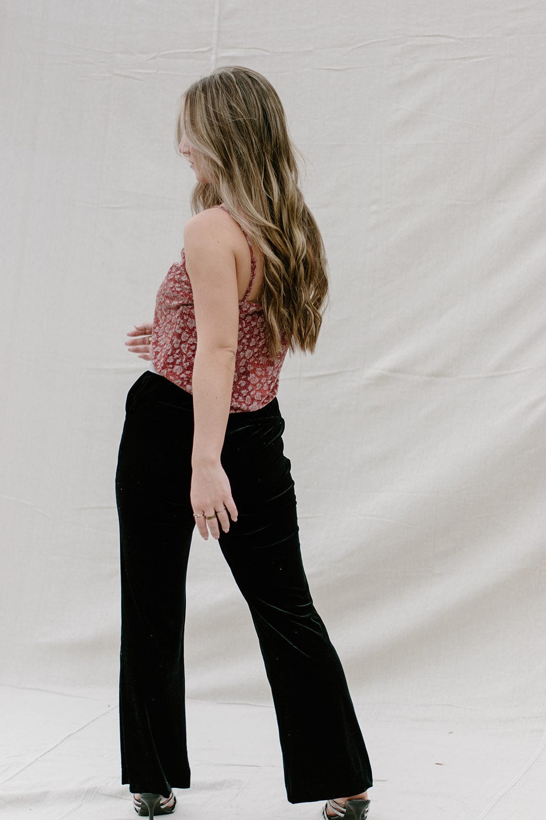 Black Velvet High Rise Trousers for Women - Elegant Stretch Slim Fit Dress Pants for Work, Office & Evening Occasions