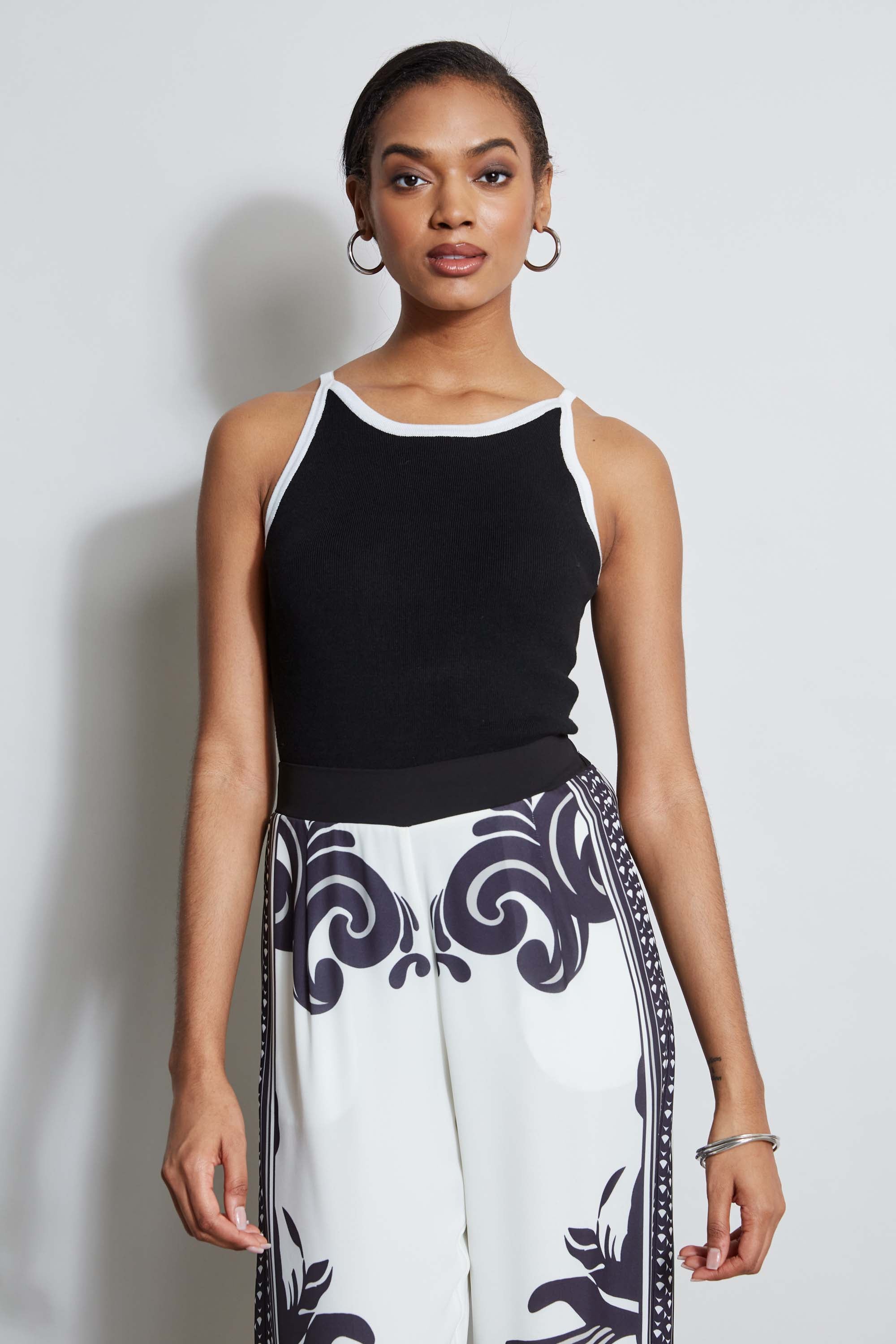 Tahari Women's Contrast Knit Tank Top - Slim Fit Sleeveless Blouse for Casual Wear & Office Outfits