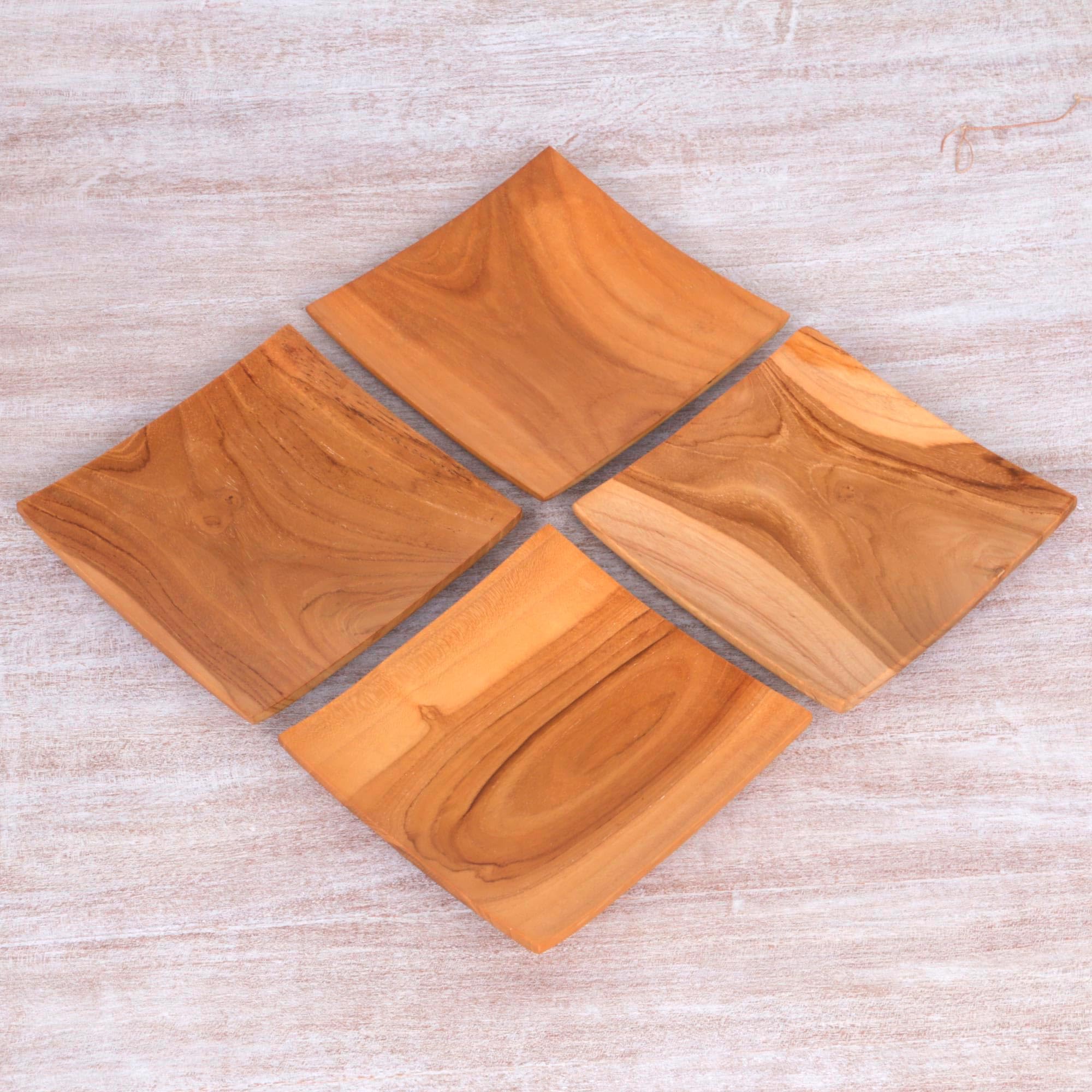 Handmade Teak Wood Square Plates Set of 4 - Natural Brown Bali Artisan Dinnerware for Fine Dining | Eco-Friendly Tableware for Restaurants, Weddings & Home Decor [6x6x1 inch]