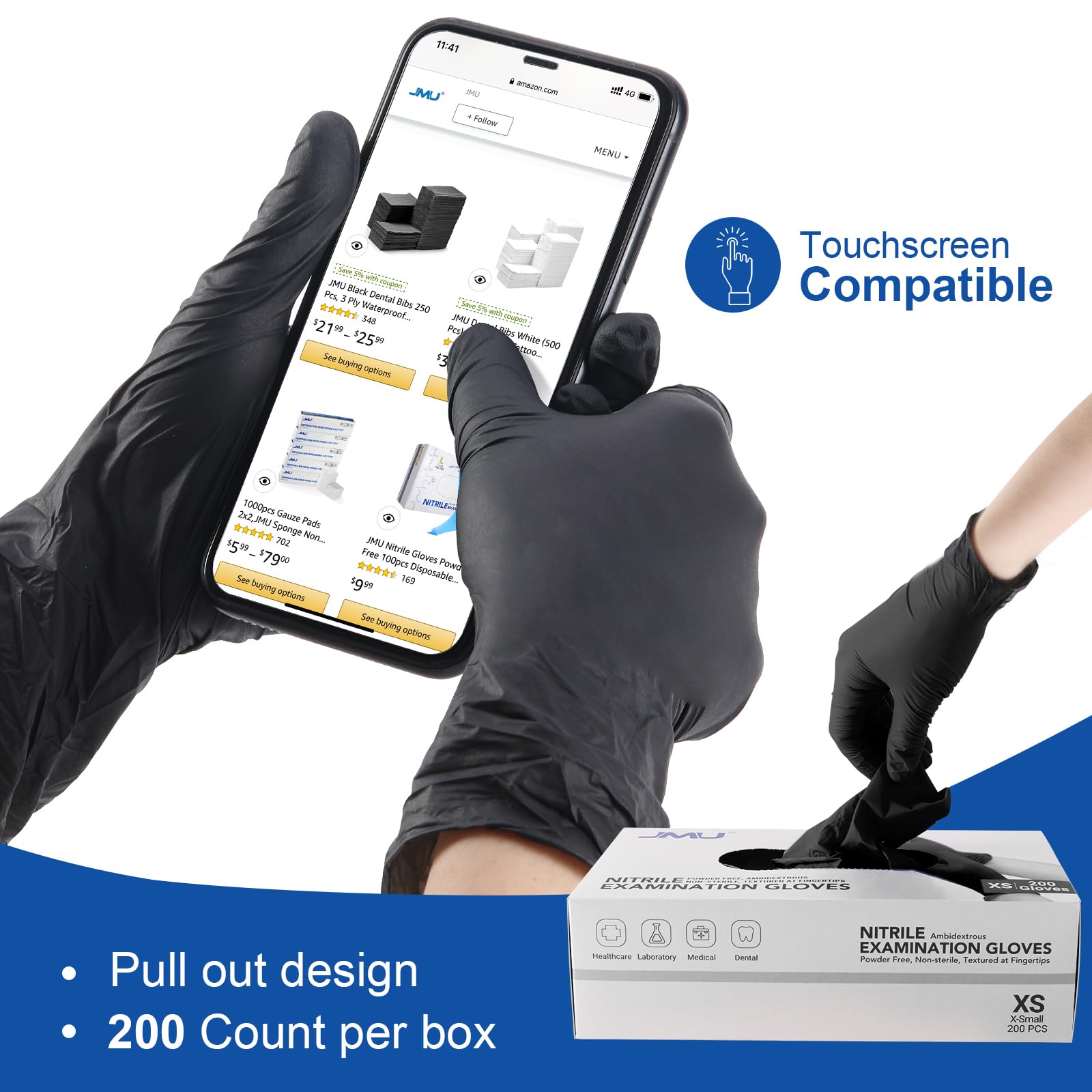 JMU Black Nitrile Gloves - 2000 Count, 3.5Mil XS Size, Latex Free & Powder Free Disposable Gloves for Medical, Cleaning, Food Handling & Tattoo Use