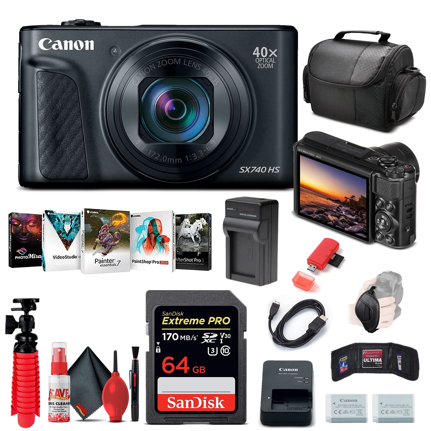 Canon PowerShot SX740 HS 20.3MP Digital Camera with 40x Optical Zoom (Black) | 64GB SD Card, Extra Battery, Tripod & Accessories Kit | Perfect for Travel Photography, Vlogging & Family Events (Renewed)