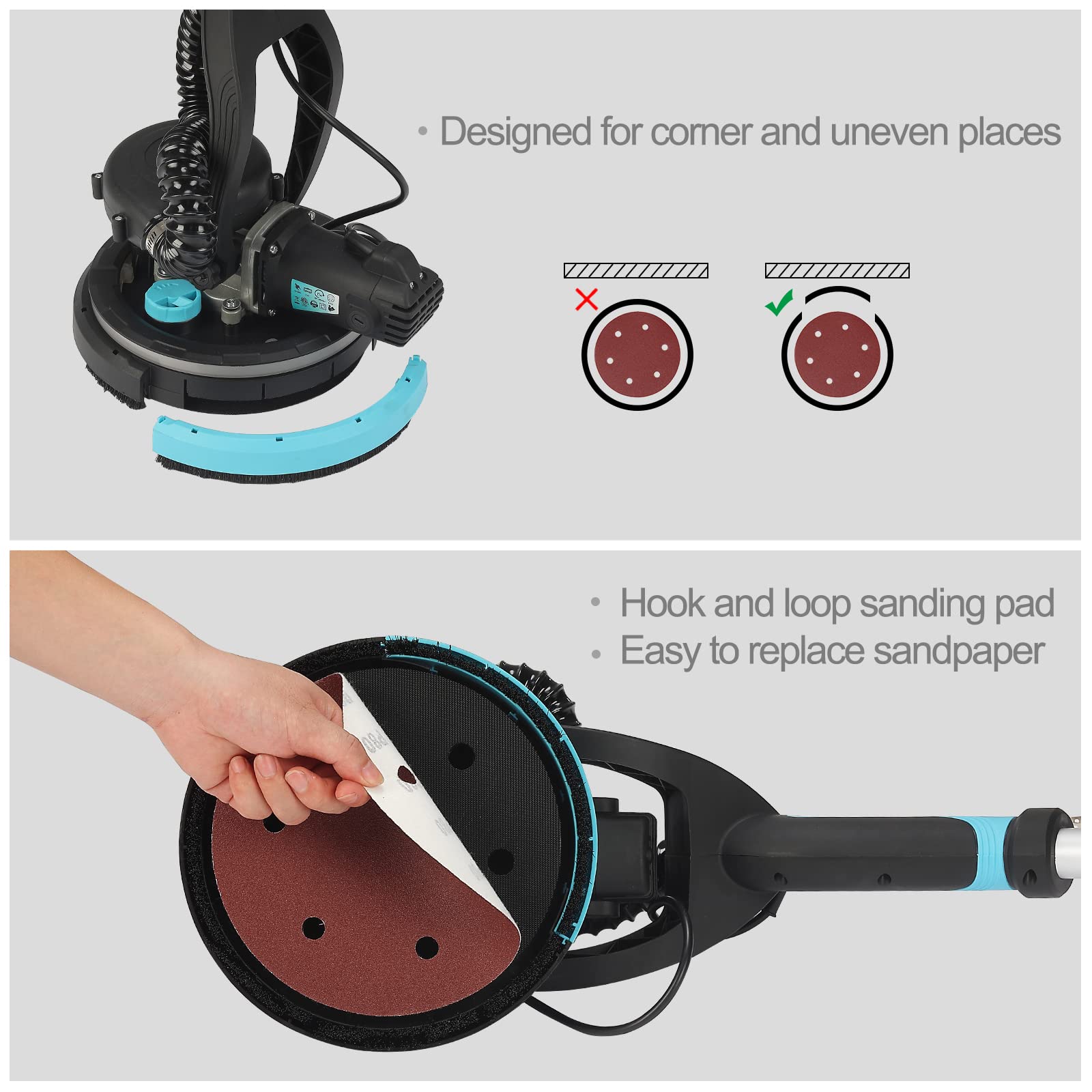 750W Electric Drywall Sander with Vacuum - 7 Variable Speed Pole Sander for Ceiling & Walls, Includes 14 Sanding Discs & 13FT Power Cable - Perfect for Popcorn Ceiling Removal, Drywall Repair, and Home Renovation Projects