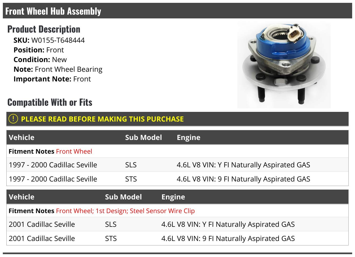 Premium Front Wheel Hub and Bearing Assembly for 1997-2001 Cadillac Seville - High Performance Replacement Part - Perfect for Smooth Rides & DIY Auto Repairs