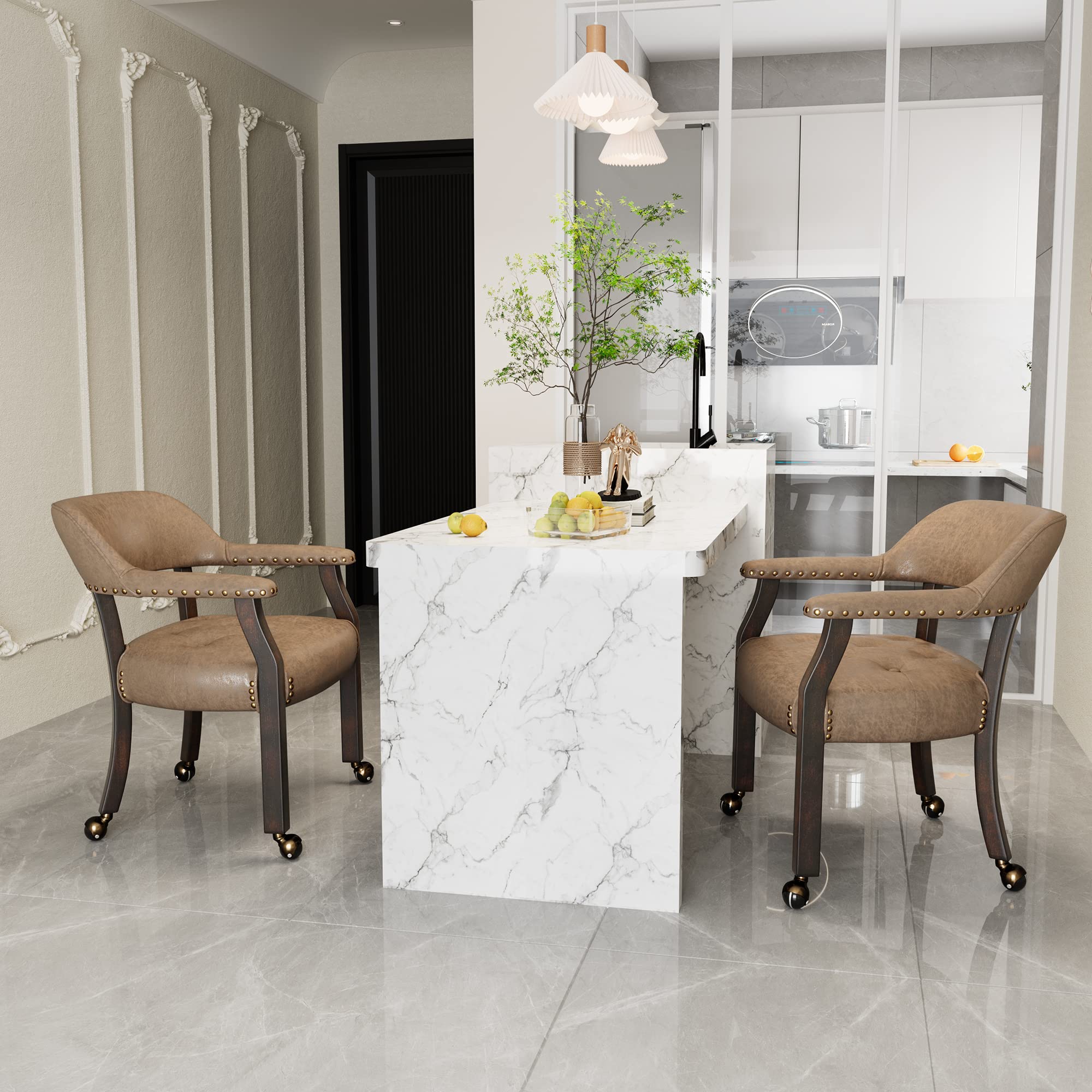 2-Pack Rolling Dining Chairs with Casters - Espresso & Light Wheat Wooden Kitchen Table Chairs with Wheels & Arms - Perfect for Game Rooms, Poker Tables, and Casual Dining (Table Not Included)