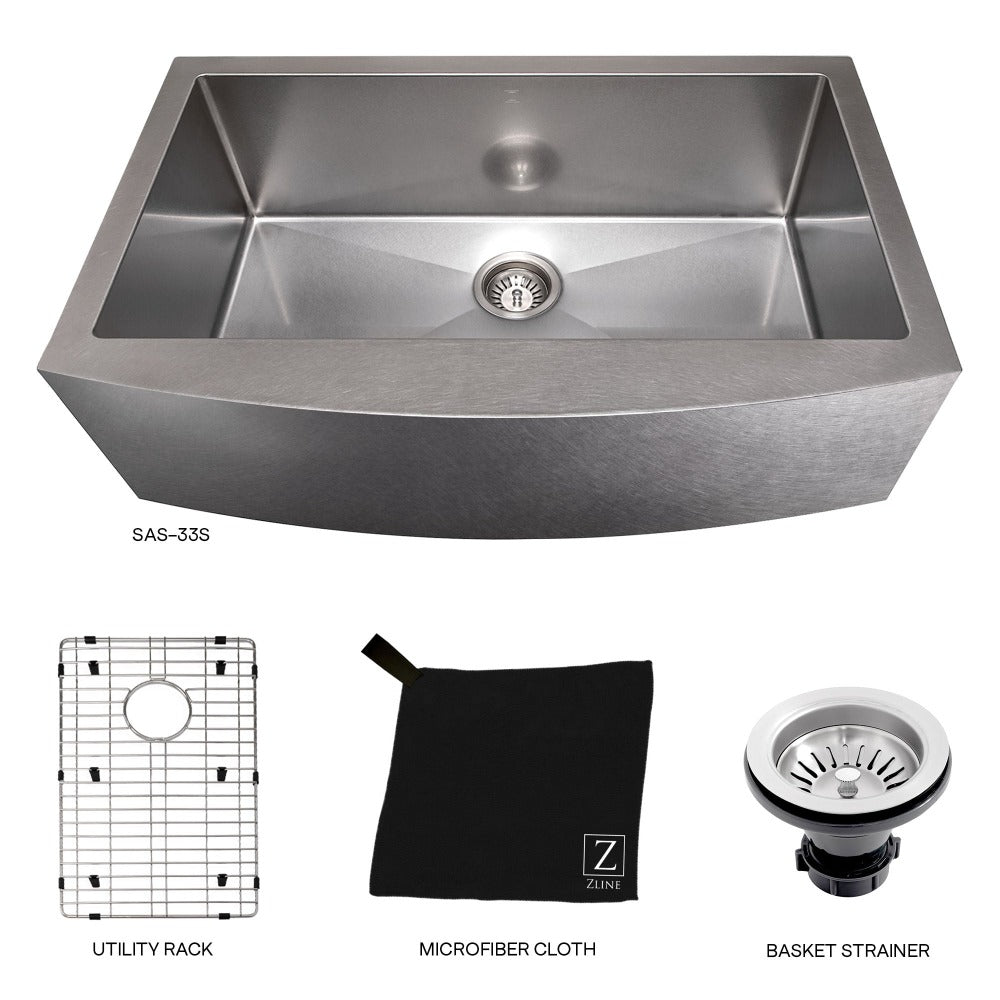 ZLINE Vail 33-Inch Farmhouse Apron Front Stainless Steel Single Bowl Kitchen Sink with Bottom Grid (SAS 33) - Perfect for Rustic & Modern Farmhouse Kitchens, DIY Installations, and Heavy-Duty Cooking