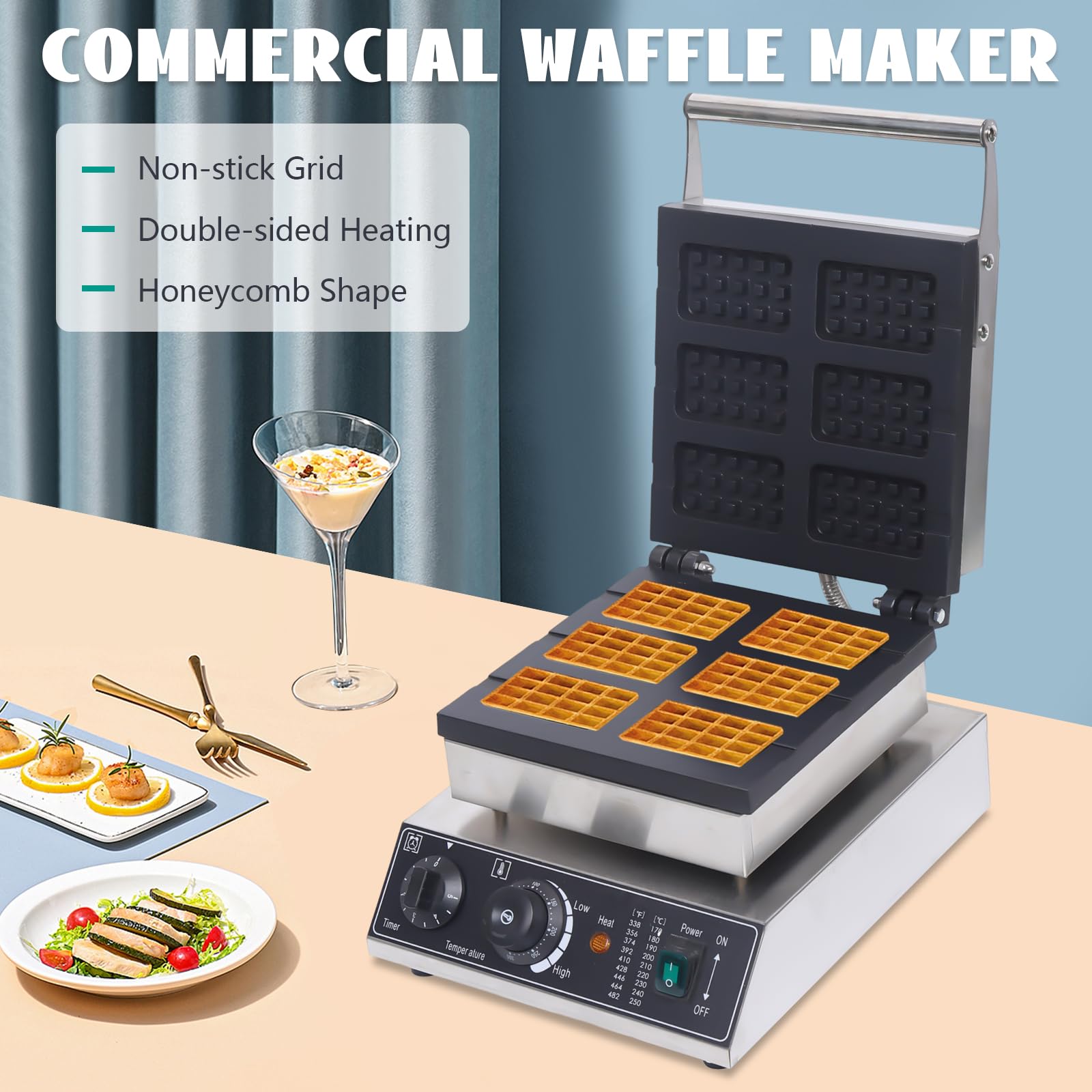 **Nonstick Commercial Waffle Maker – 1500W Stainless Steel 6-Grid Rectangle Waffle Iron – 110V Fast Cooking with Time & Temp Control – Easy to Clean – Perfect for Restaurants, Cafes & Home Breakfast**