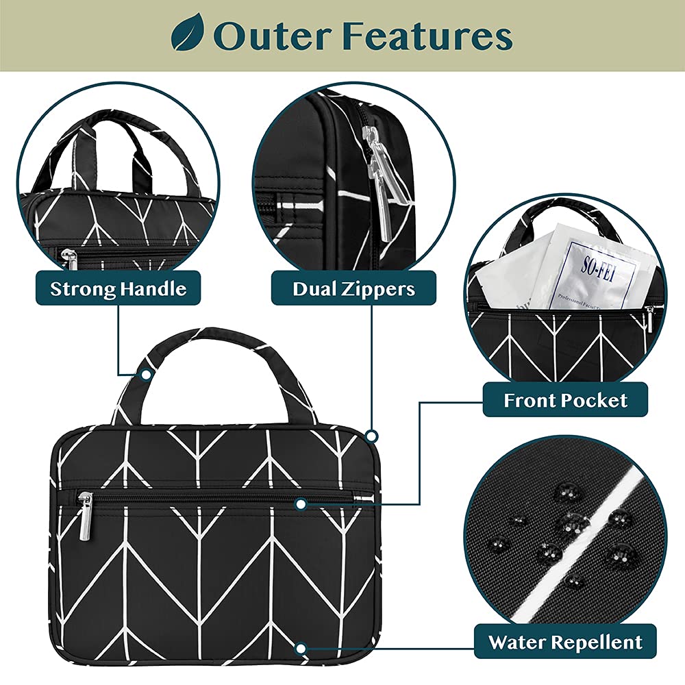 PAVILIA Hanging Toiletry Bag for Travel - Foldable Cosmetic Organizer & Roll Up Makeup Bag for Women & Men - Water Resistant Travel Accessories - Large Toiletries Kit (Black Chevron) - Perfect for Camping, Gym, Business Trips & Vacation Essentials