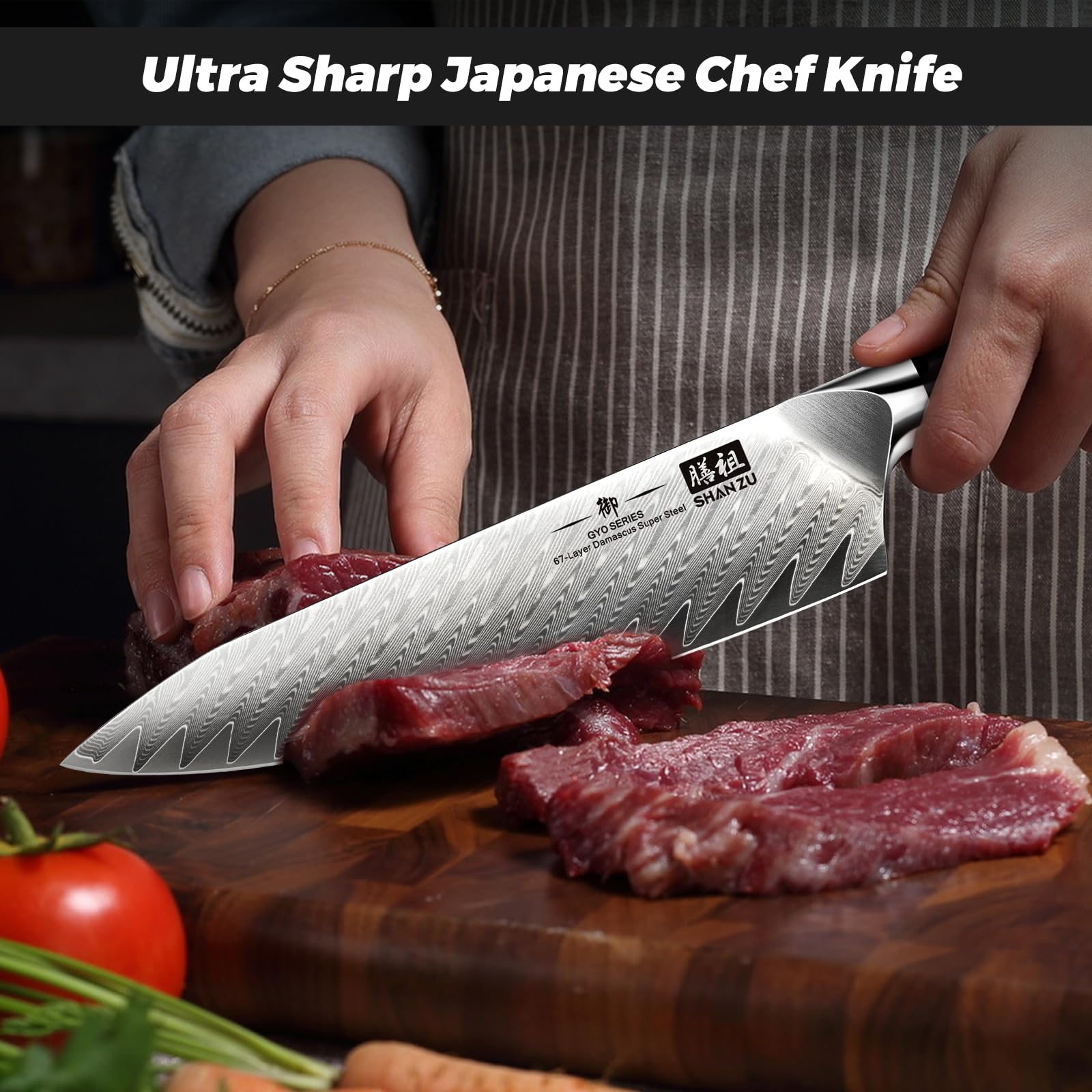 SHAN ZU Damascus Chef Knife 8 Inch - 67-Layer High Carbon Steel Japanese Kitchen Knife - Ultra Sharp Professional Cooking Knife with Ergonomic G11 Handle - Perfect for Slicing, Dicing & Chopping - Includes Gift Box for Gifts & Home Chefs
