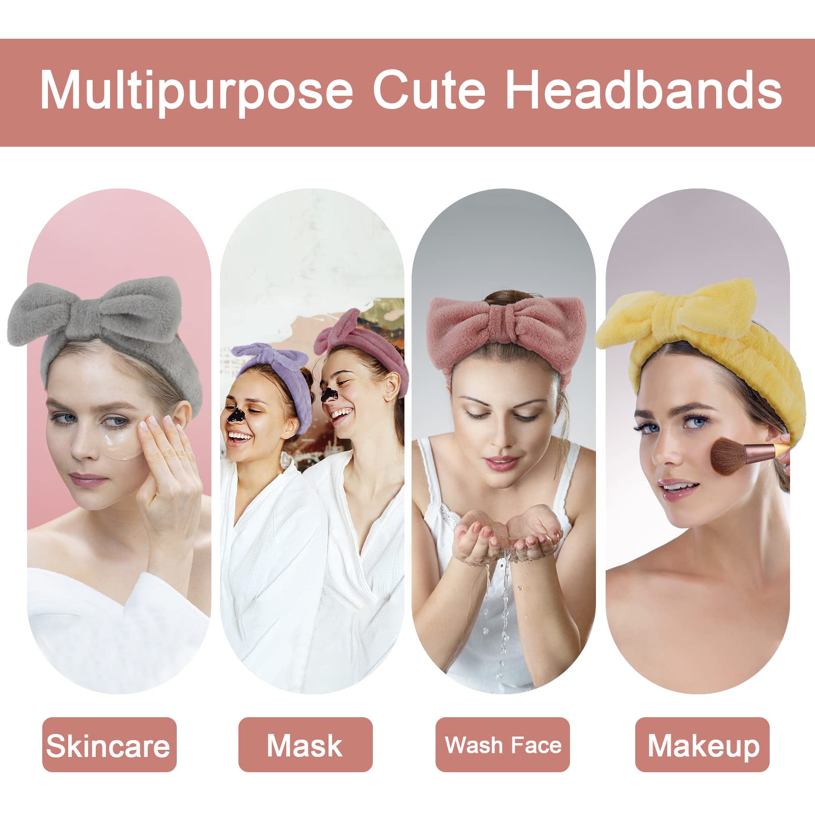 Ondder 8 Pack Soft Fluffy Bow Hairbands for Women - Washable Spa Headbands for Face Washing, Makeup, Skincare & Beauty Routine - Perfect for Salon, Home Spa & Daily Use - 8 Count Set