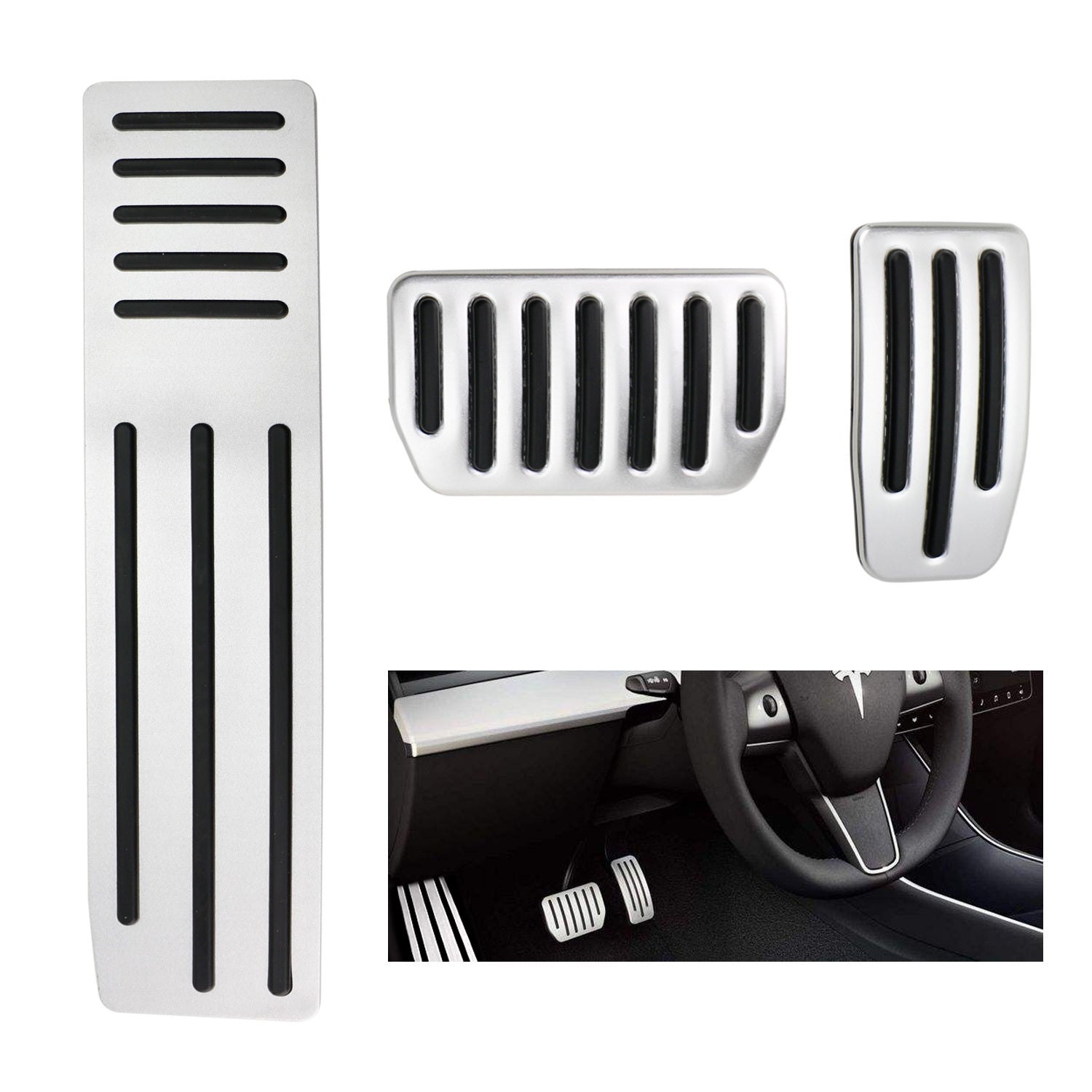 3-Piece Silver Aluminum Sports Style Foot Pedal Covers for Tesla Model S (2012+) & Model X (2015+) - Durable Anti-Slip Car Accessories for Enhanced Driving Comfort & Style