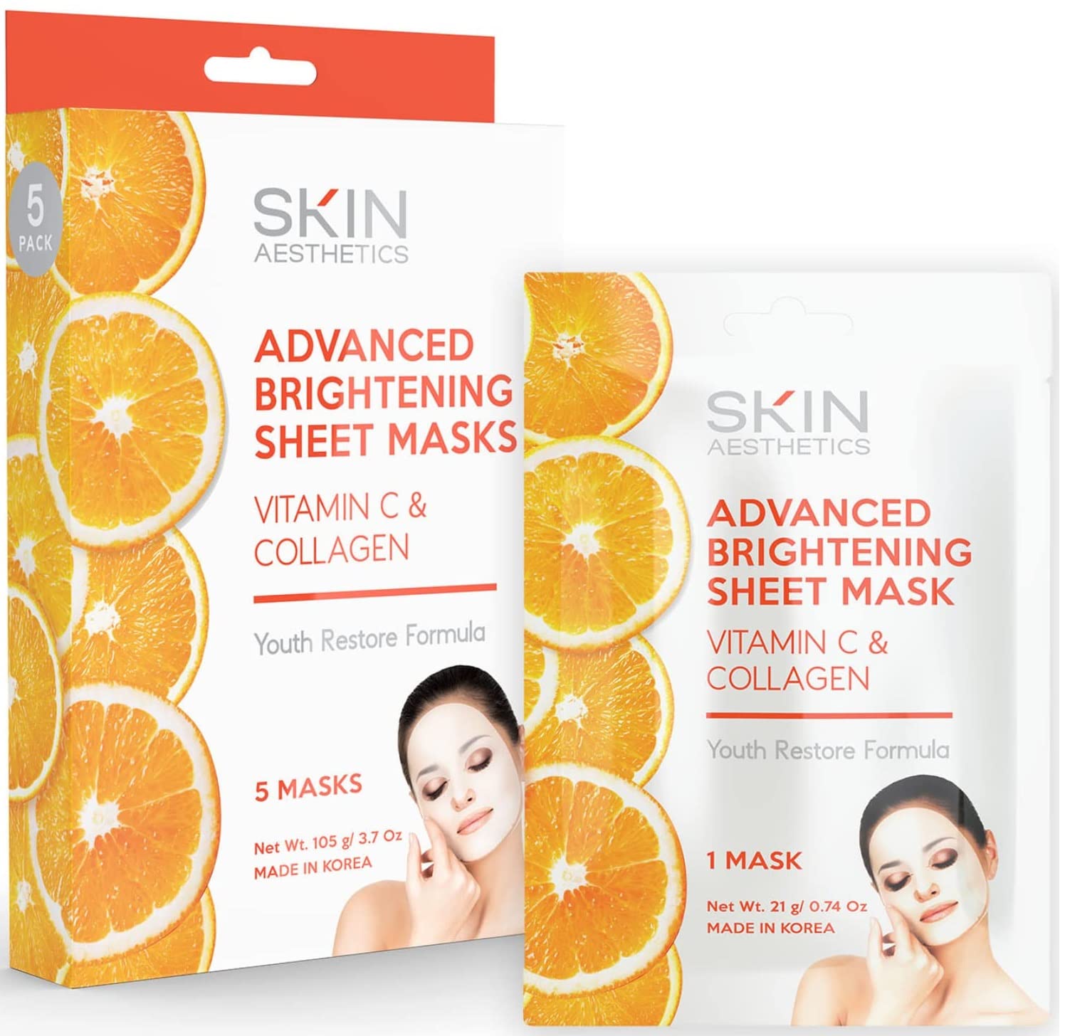 Vitamin C & Collagen Sheet Face Mask - Anti-Aging Wrinkle Reduction, Brightening & Hydrating Korean Skincare - Dermatologist Tested, Cruelty-Free Clean Beauty (5 Pack) | Perfect for Daily Skincare Routine, Spa Day & Travel Essentials